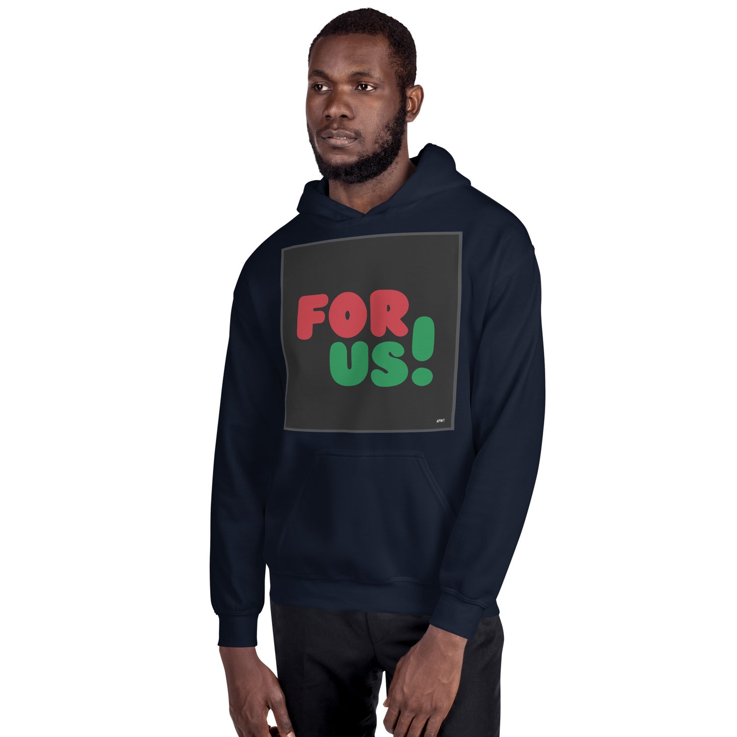Man wearing the For Us in Black Unisex Hoodie in Navy Blue (2 of 2) - The APWT Gift Shop