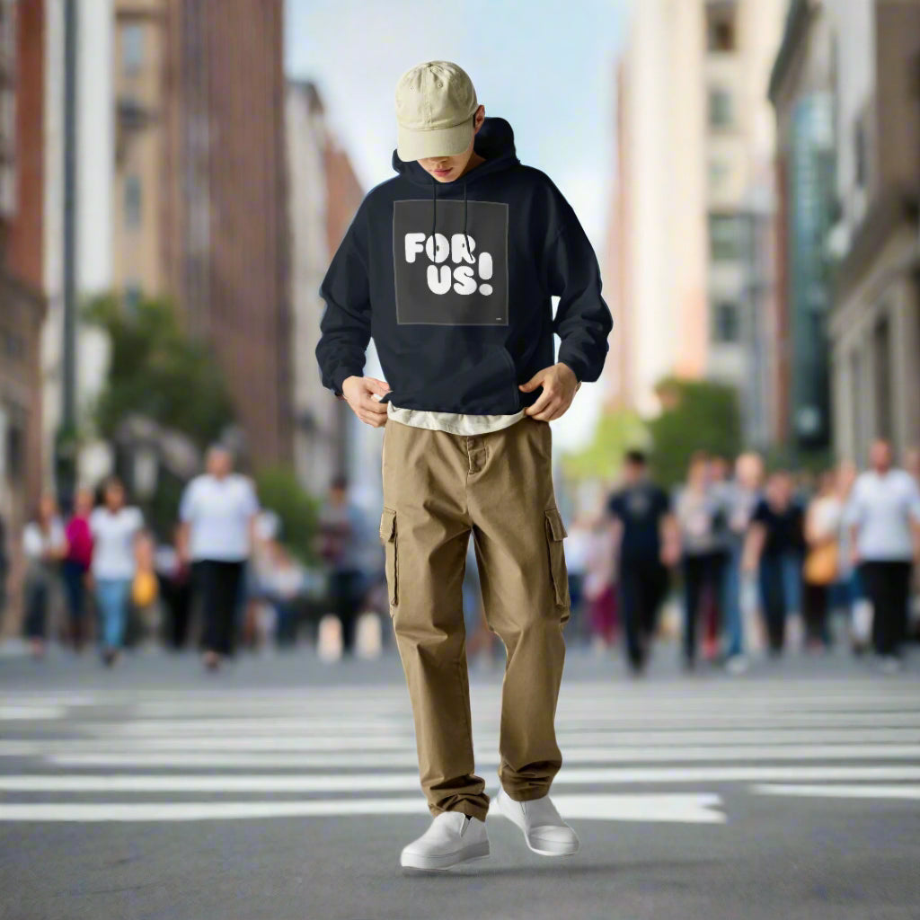 Man wearing the For Us in Black and White Unisex Hoodie in Navy Blue - The APWT Gift Shop