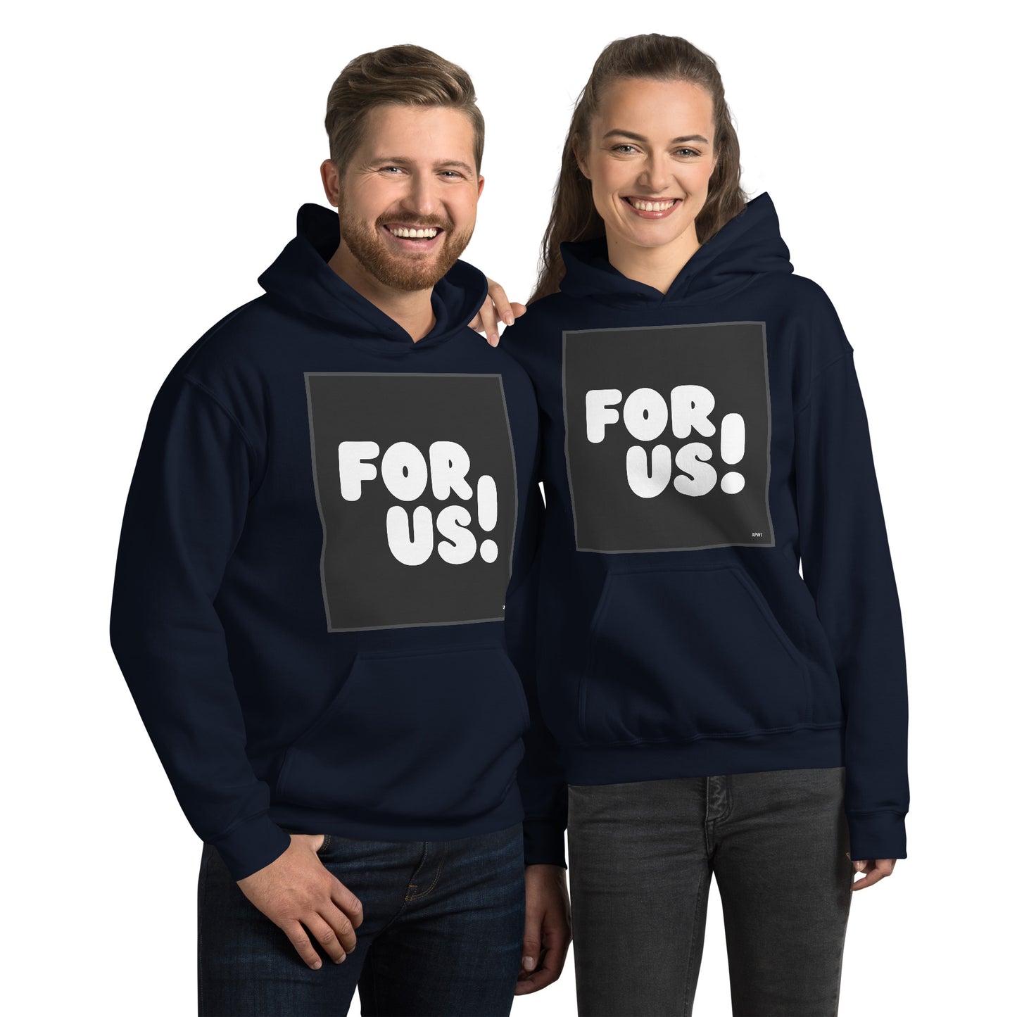 Man and Woman wearing the For Us in Black and White Unisex Hoodie in Navy Blue - The APWT Gift Shop