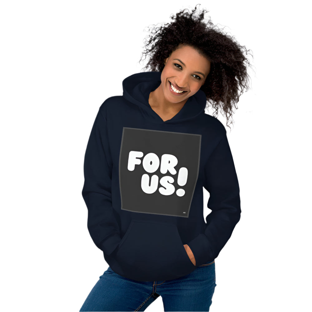Woman wearing the For Us in Black and White Unisex Hoodie in Navy Blue - The APWT Gift Shop