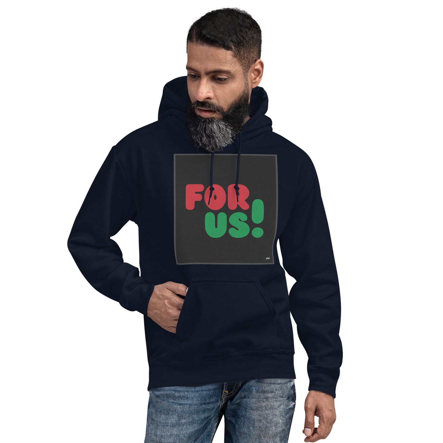 Man wearing the For Us in Black Unisex Hoodie in Navy Blue (2 of 3) - The APWT Gift Shop