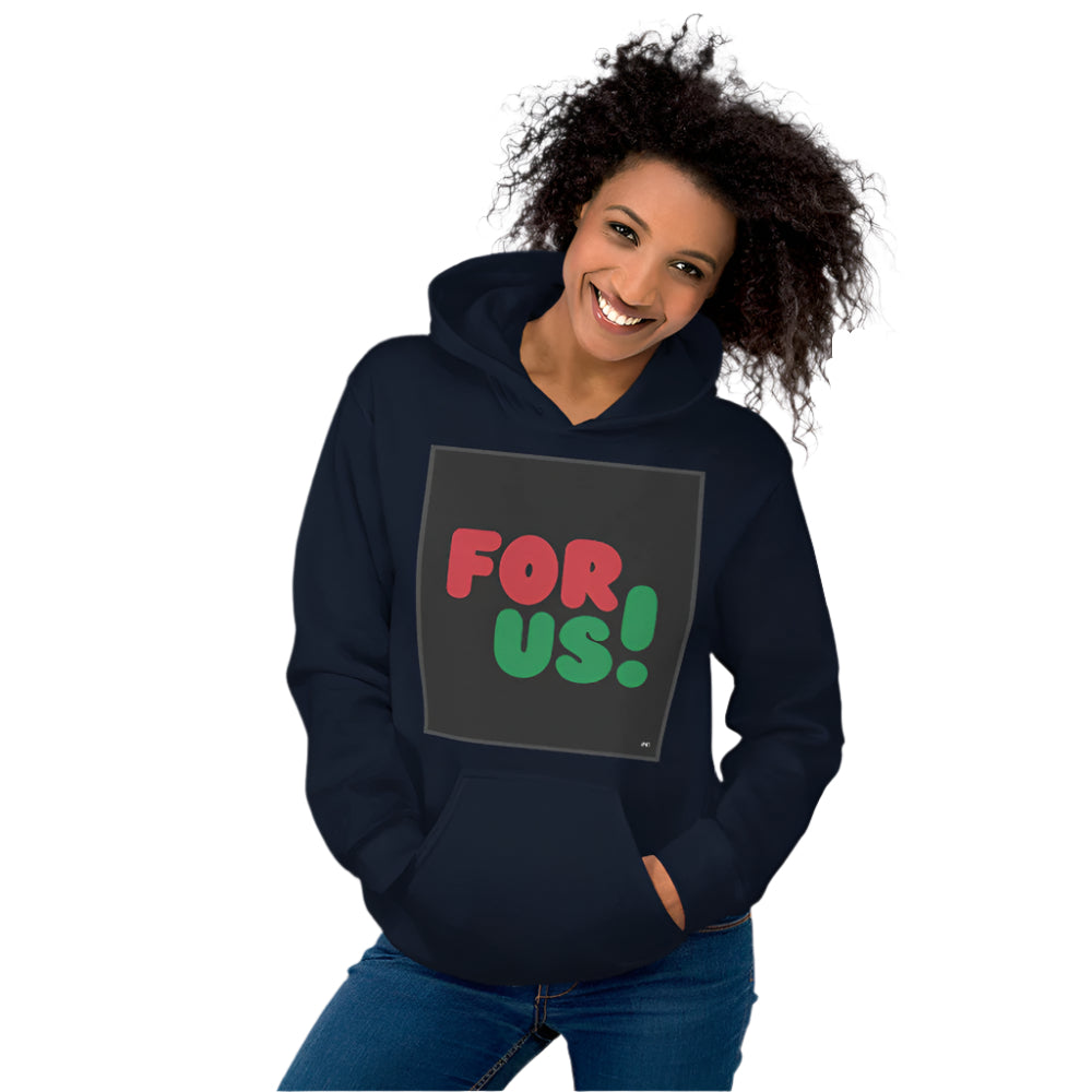Woman wearing the For Us in Black Unisex Hoodie in Navy Blue - The APWT Gift Shop