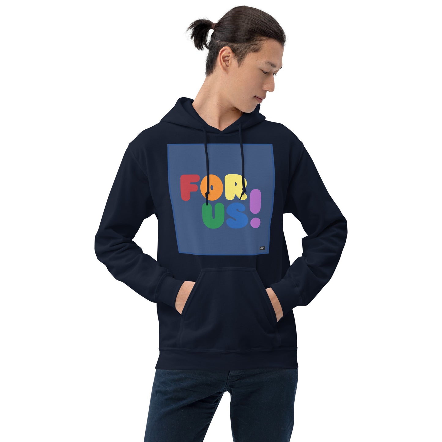 Man wearing the Rainbow For Us Unisex Hoodie in Navy Blue (2 of 3) - The APWT Gift Shop
