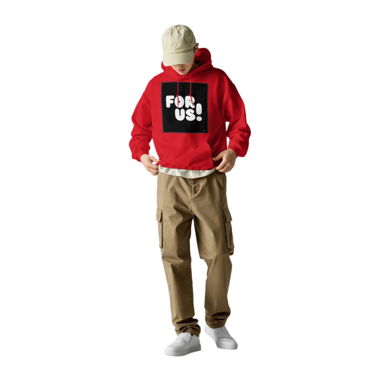 Man wearing the For Us in Black and White Unisex Hoodie in Red - The APWT Gift Shop