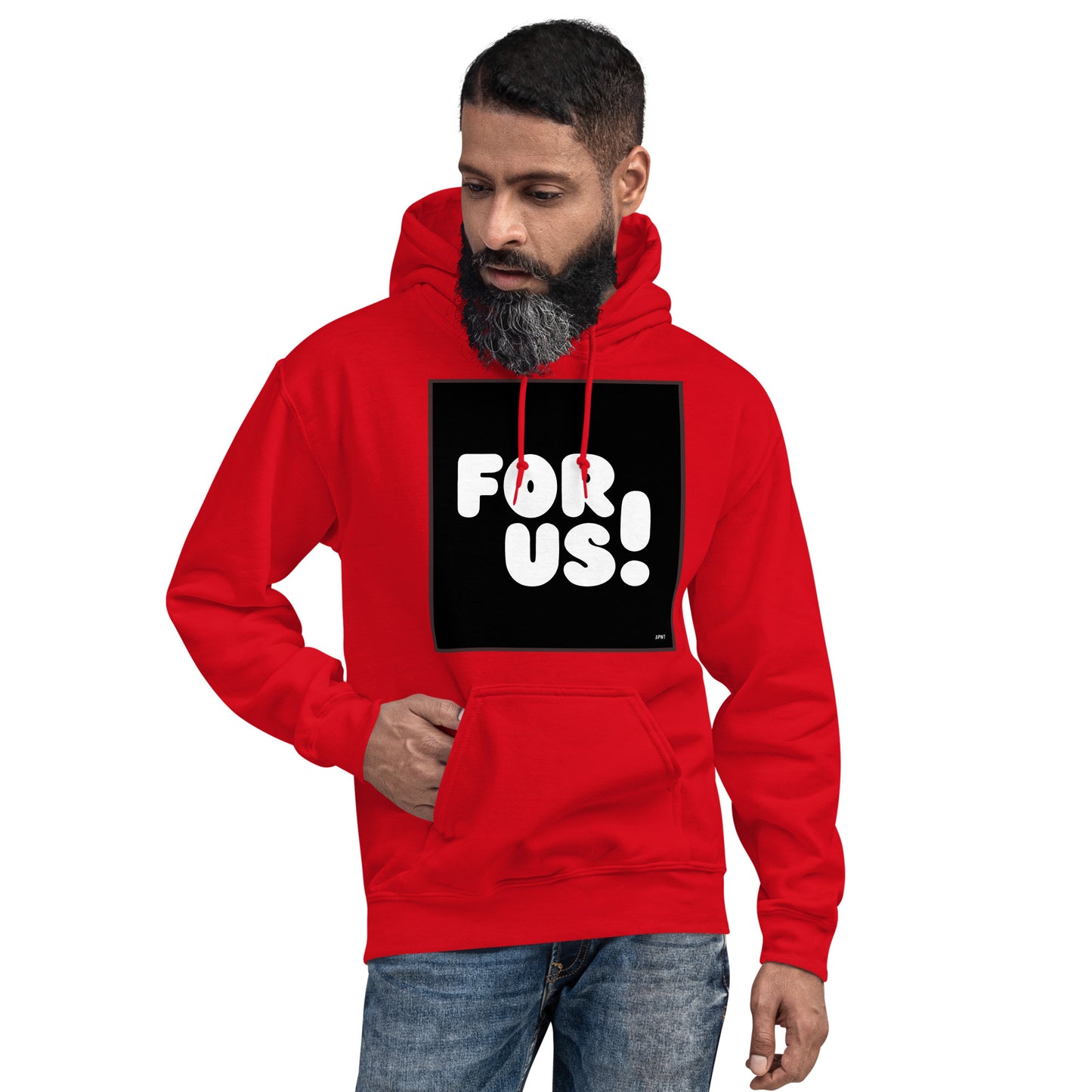Man wearing the For Us in Black and White Unisex Hoodie in Red (2 of 2) - The APWT Gift Shop