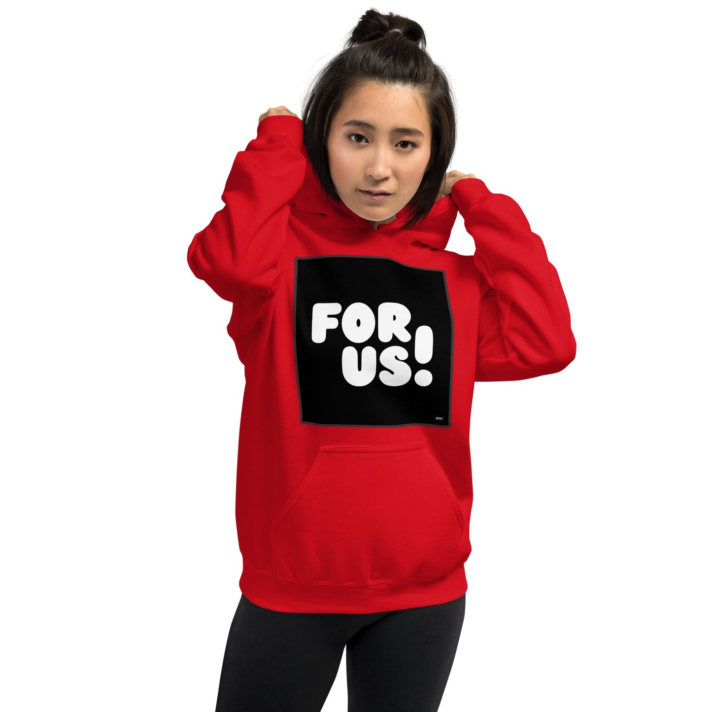 Woman wearing the For Us in Black and White Unisex Hoodie in Red - The APWT Gift Shop