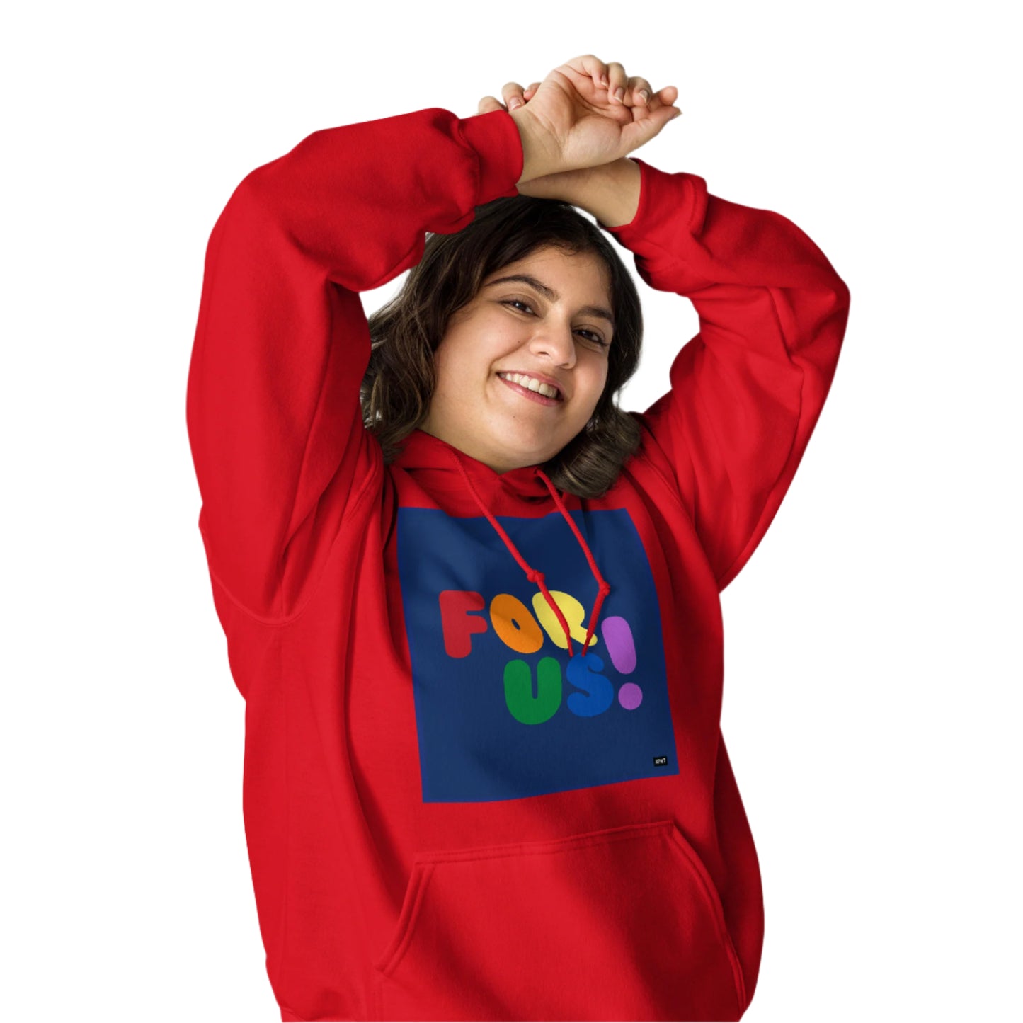 Woman wearing the Rainbow For Us Unisex Hoodie in Red - The APWT Gift Shop