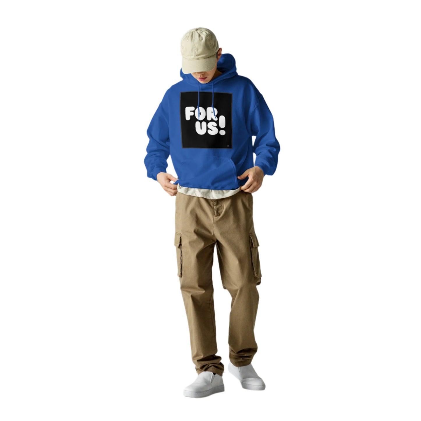 Man wearing the For Us in Black and White Unisex Hoodie in Royal Blue - The APWT Gift Shop