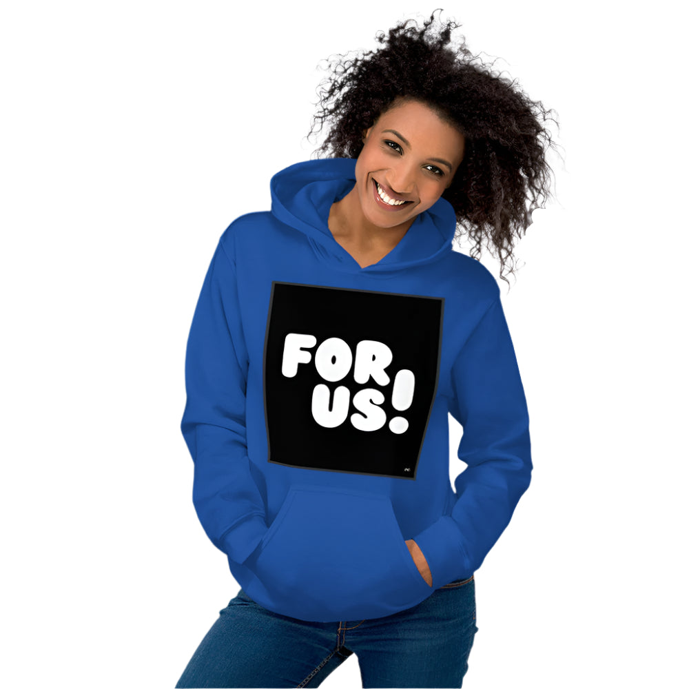 Woman wearing the For Us in Black and White Unisex Hoodie in Royal Blue - The APWT Gift Shop