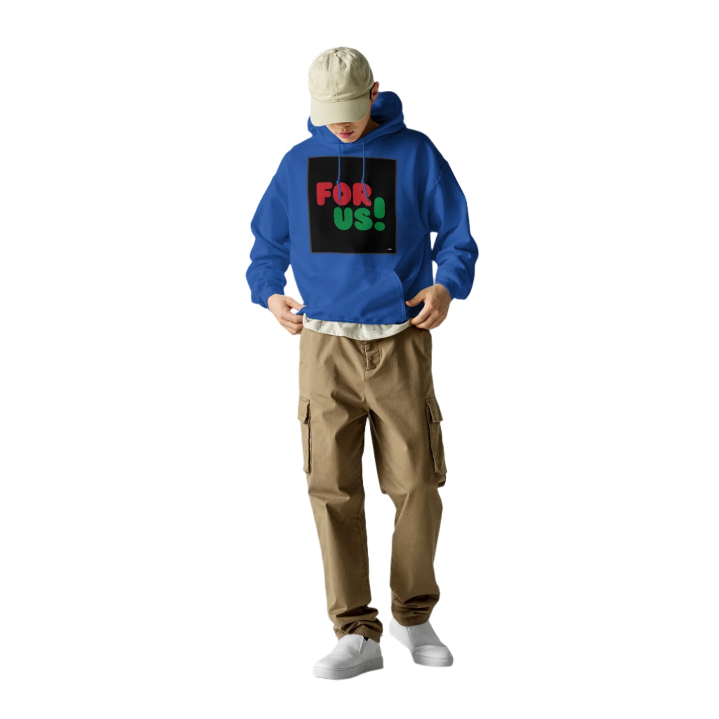Man wearing the For Us in Black Unisex Hoodie in Royal Blue - The APWT Gift Shop