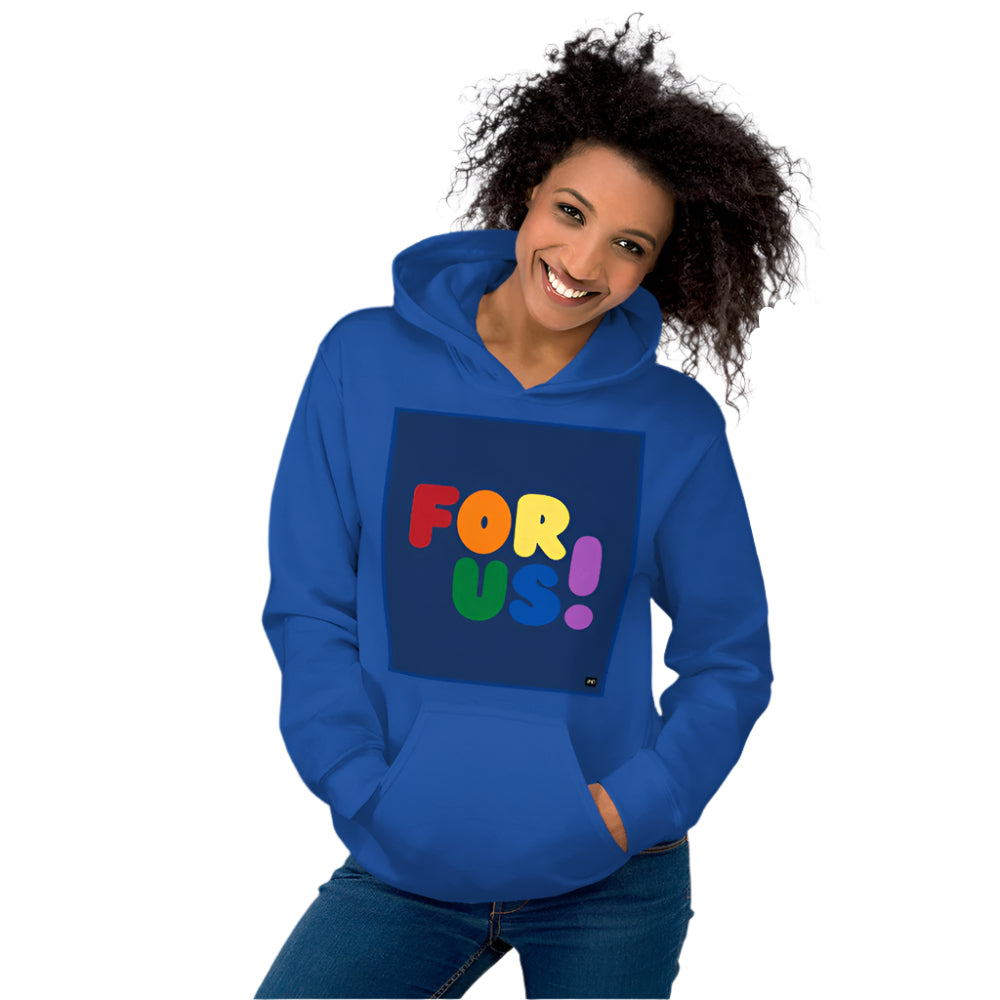 Woman wearing the Rainbow For Us Unisex Hoodie in Royal Blue - The APWT Gift Shop