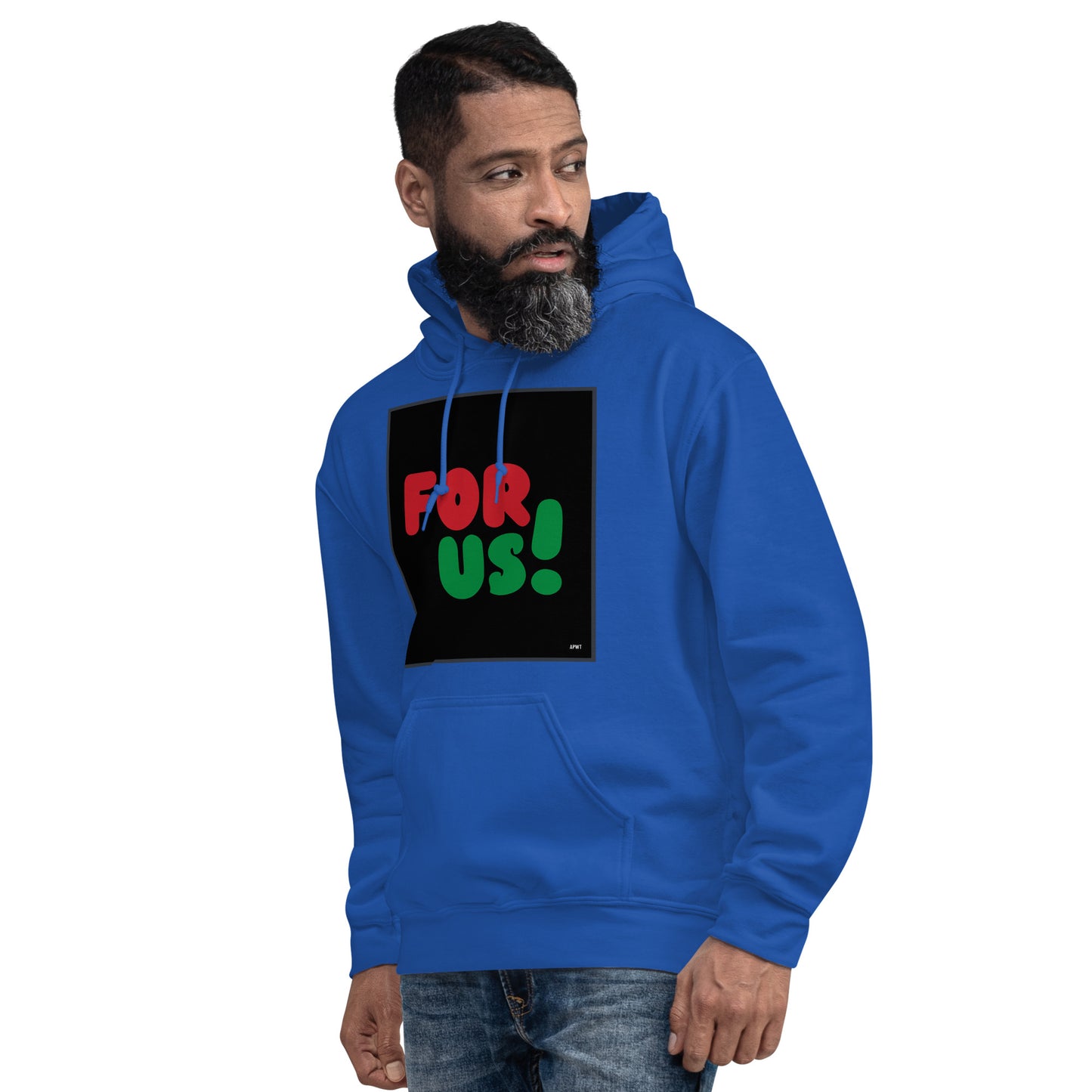 Man wearing the For Us in Black Unisex Hoodie in Royal Blue (3 of 3) - The APWT Gift Shop