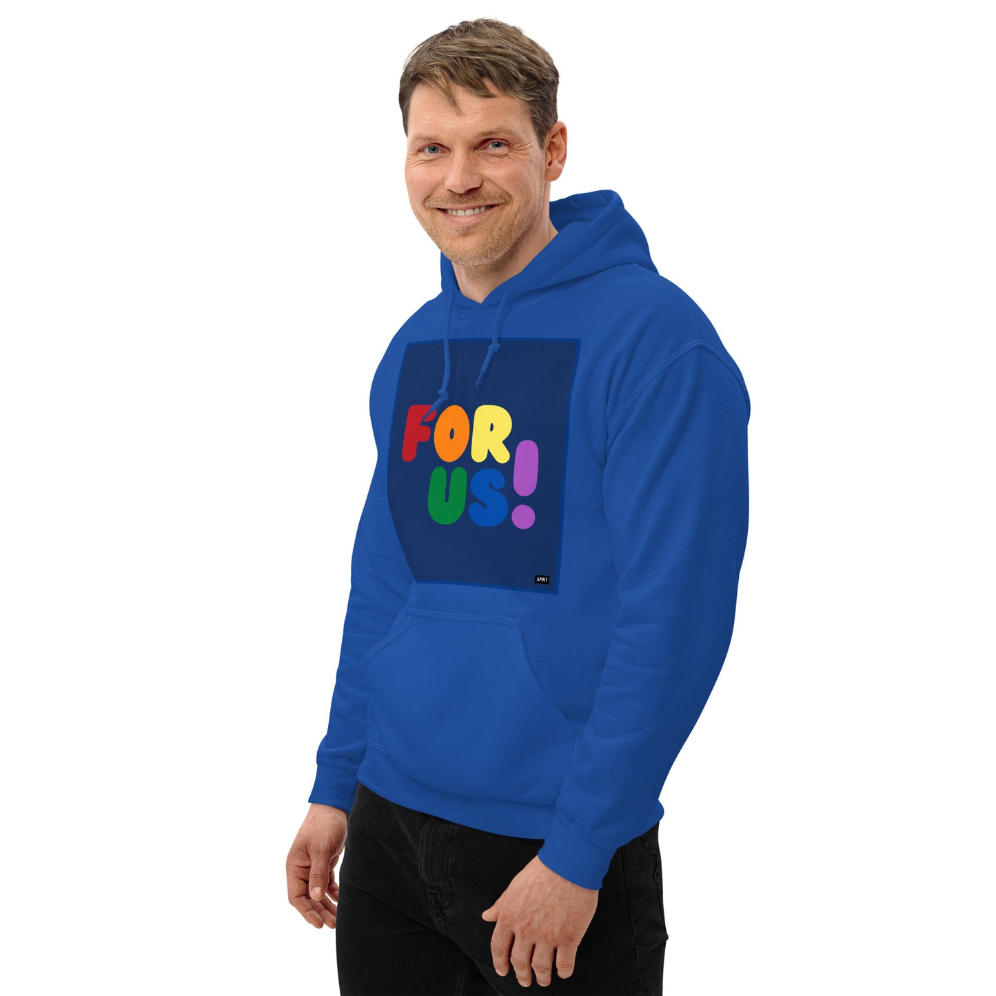 Man wearing the Rainbow For Us Unisex Hoodie in Royal Blue (2 of 2) - The APWT Gift Shop