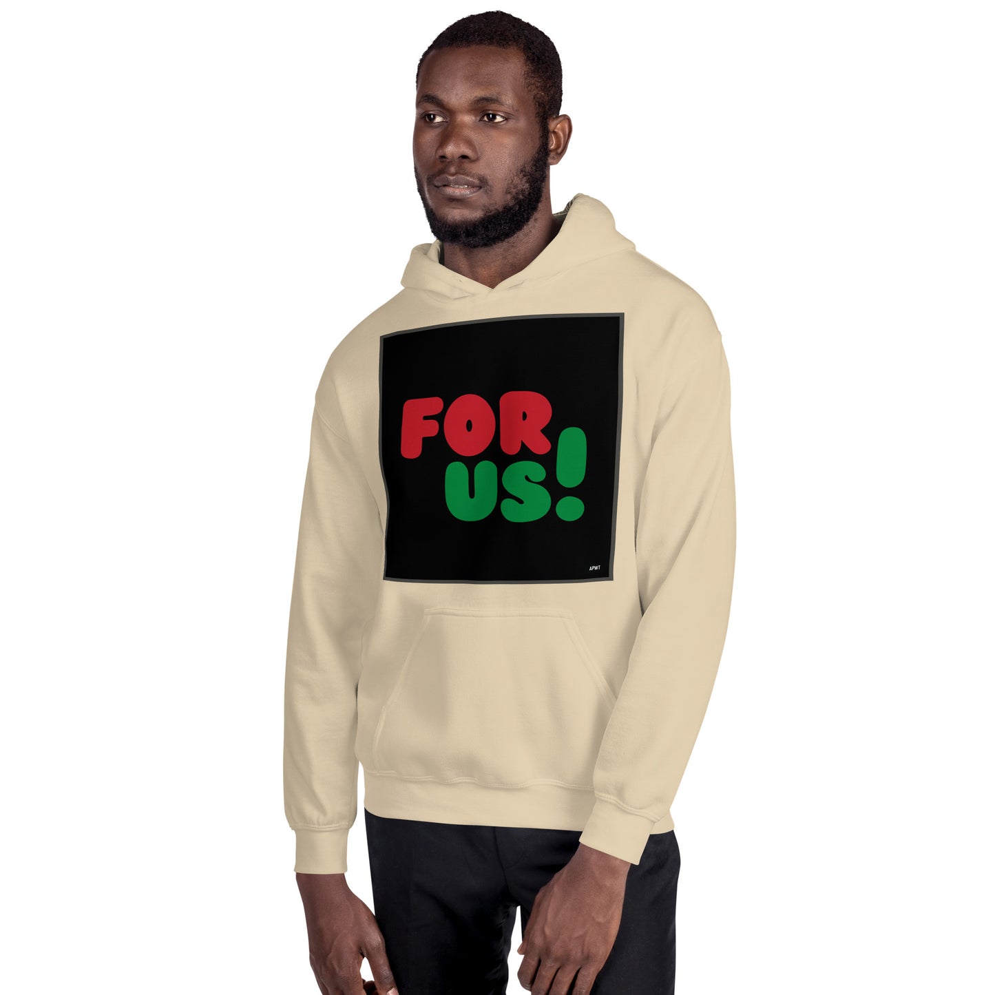Man wearing the For Us in Black Unisex Hoodie in Sand/Beige (3 of 3) - The APWT Gift Shop