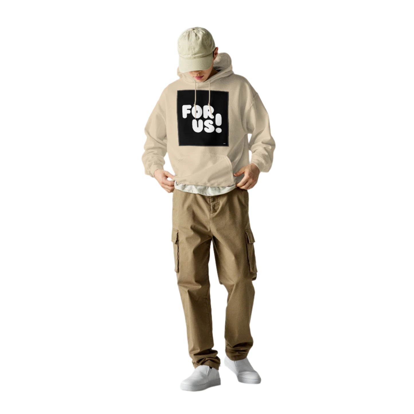 Man wearing the For Us in Black and White Unisex Hoodie in Sand/Beige - The APWT Gift Shop