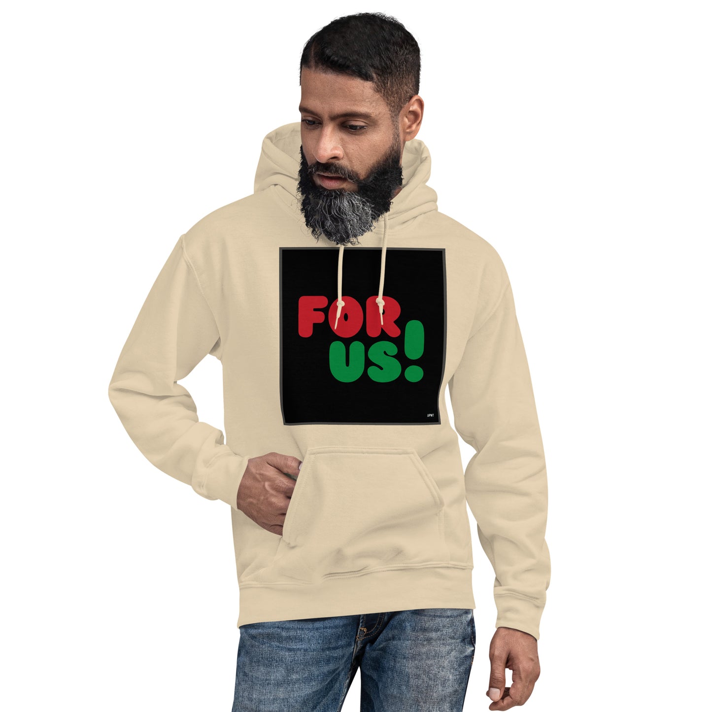 Man wearing the For Us in Black Unisex Hoodie in Sand/Beige (2 of 3) - The APWT Gift Shop