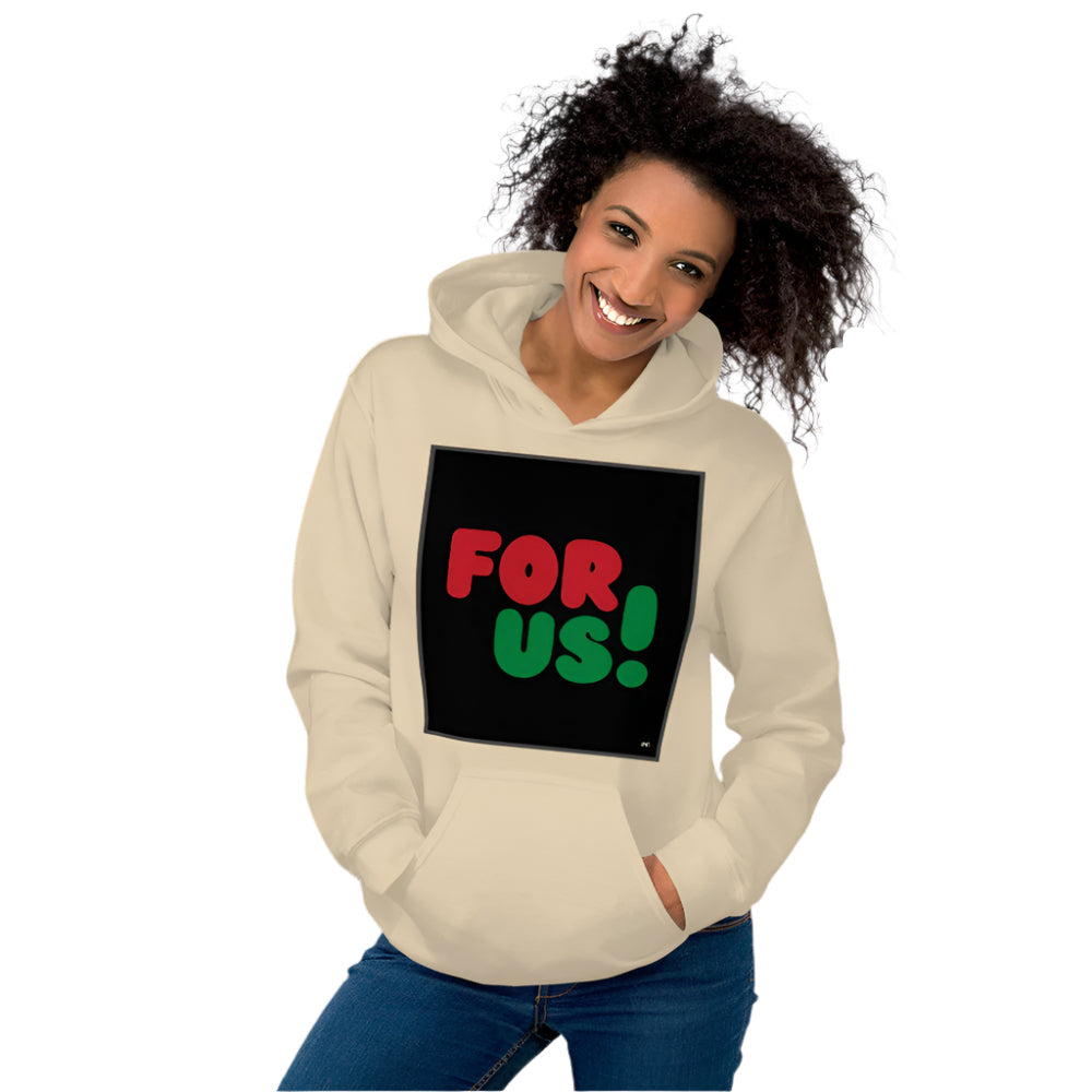 Woman wearing the For Us in Black Unisex Hoodie in Sand/Beige - The APWT Gift Shop