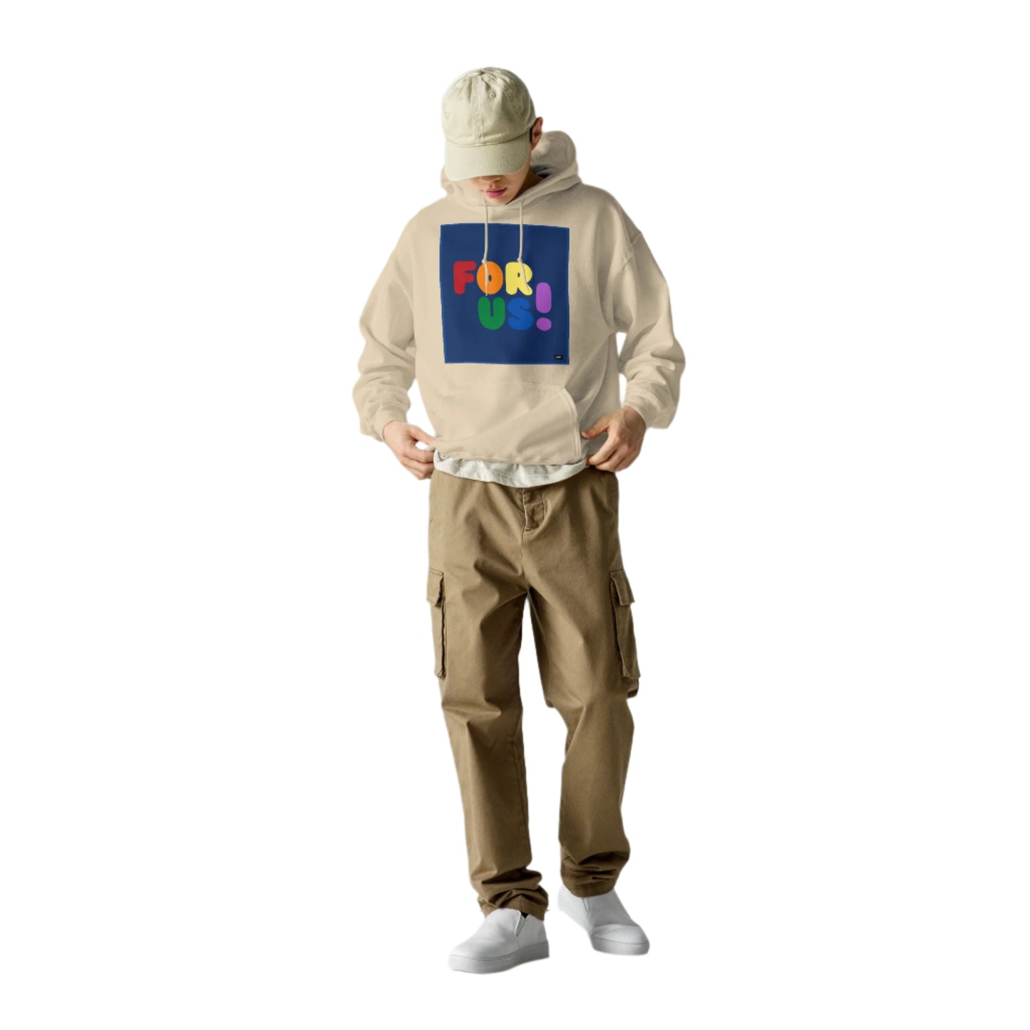 Man wearing the Rainbow For Us Unisex Hoodie in Sand/Beige - The APWT Gift Shop