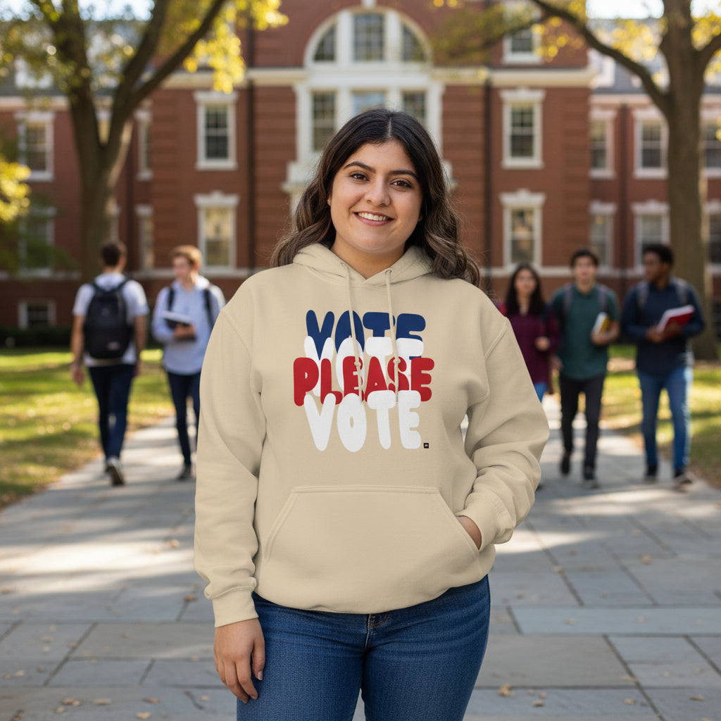 Woman wearing the APWT Gift Shop's Please Vote Unisex Hoodie from the APWT Vote Shop in Beige
