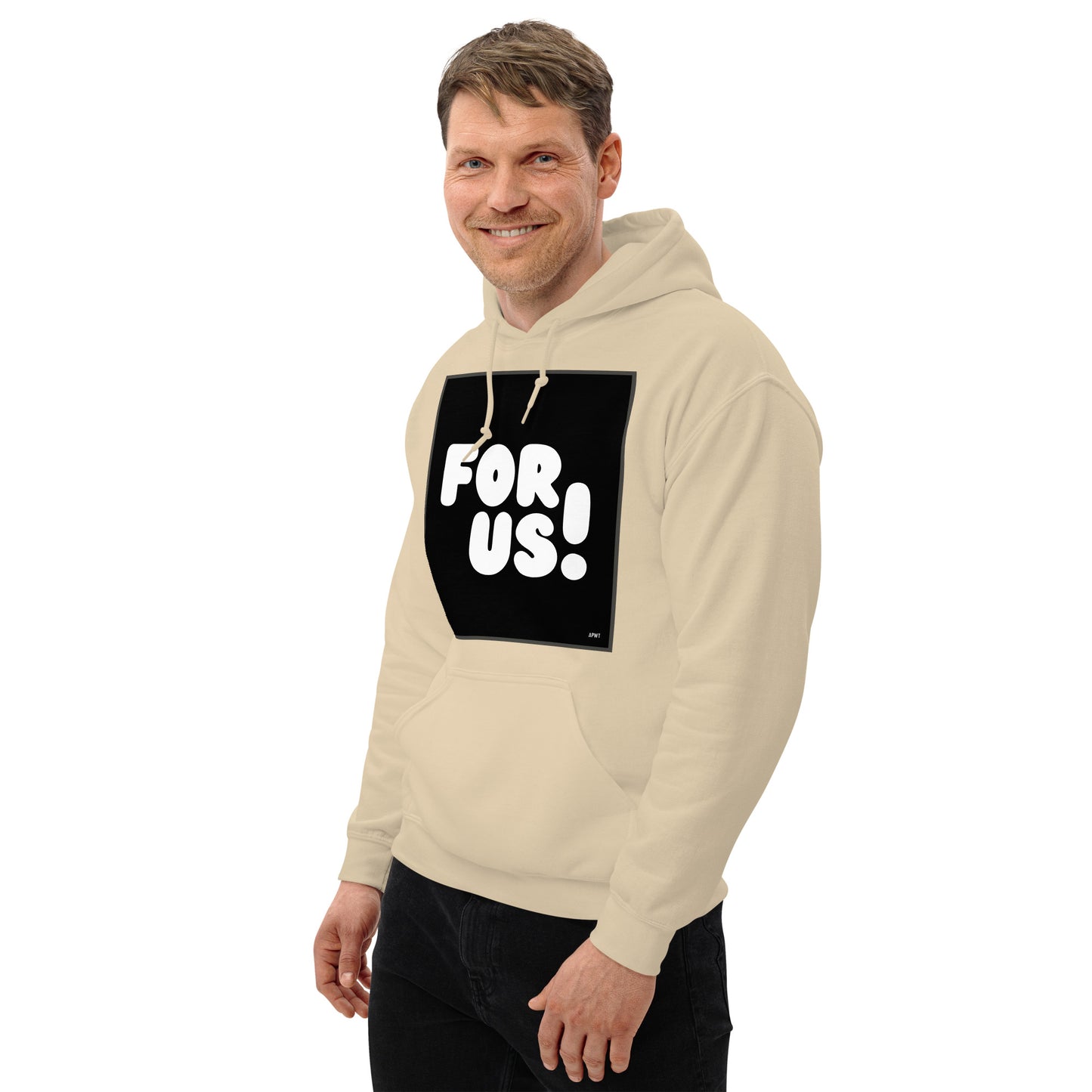 Man wearing the For Us in Black and White Unisex Hoodie in Sand/Beige (2 of 2) - The APWT Gift Shop