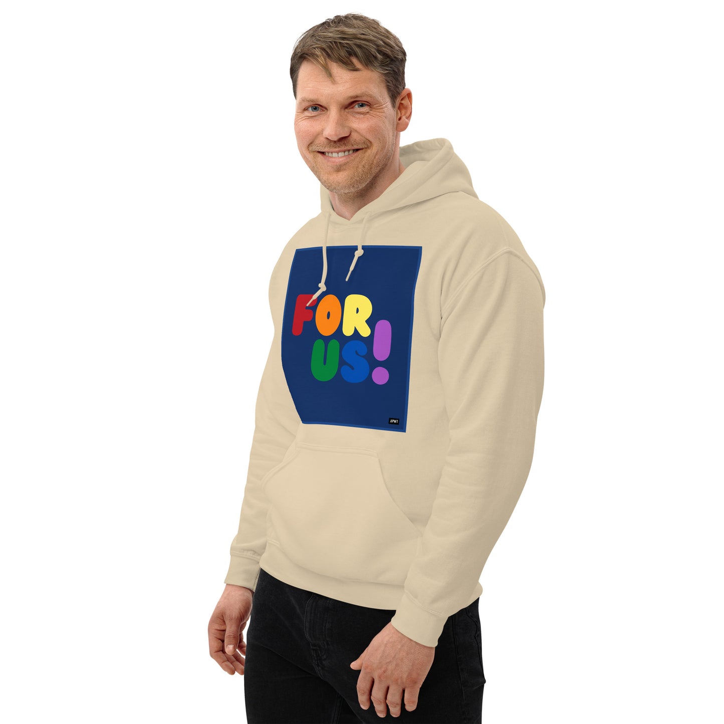 Man wearing the Rainbow For Us Unisex Hoodie in Sand/Beige (2 of 2)- The APWT Gift Shop