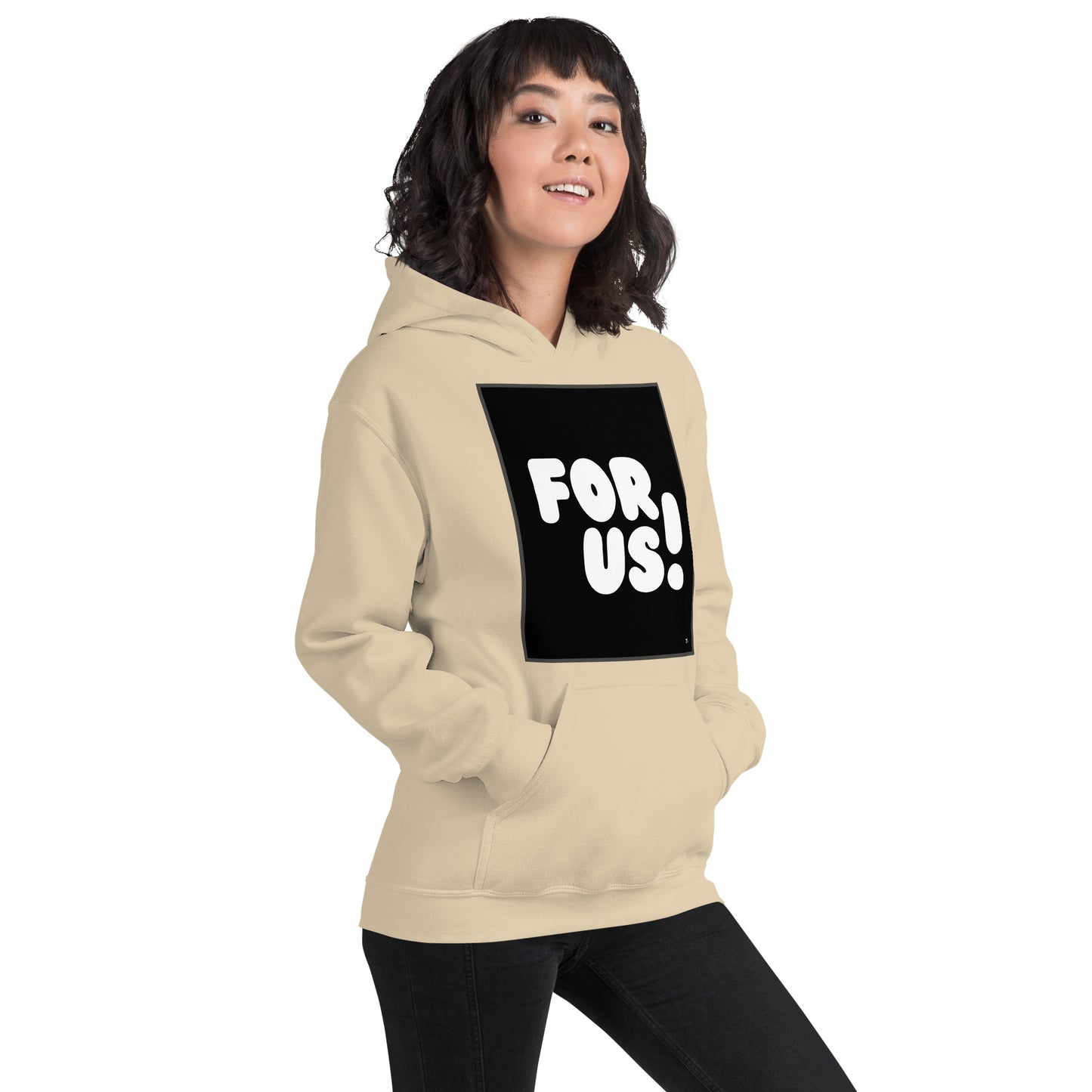 Woman wearing the For Us in Black and White Unisex Hoodie in Sand/Beige - The APWT Gift Shop