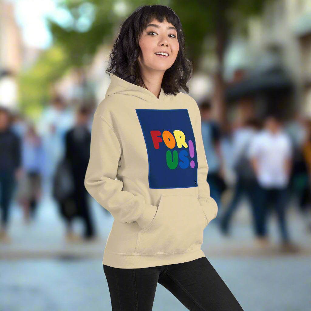 Woman wearing the Rainbow For Us Unisex Hoodie in Sand/Beige - The APWT Gift Shop
