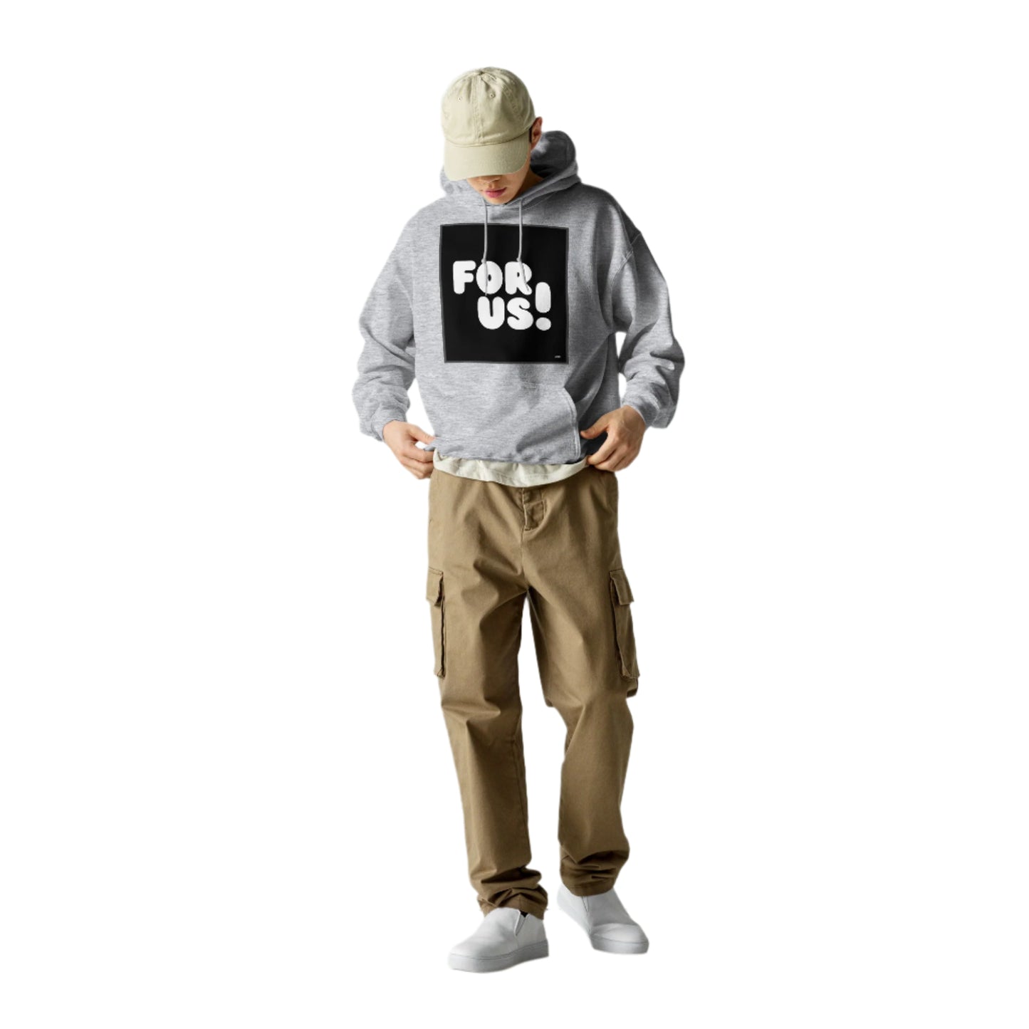 Man wearing the For Us in Black and White Unisex Hoodie in Sport Grey - The APWT Gift Shop