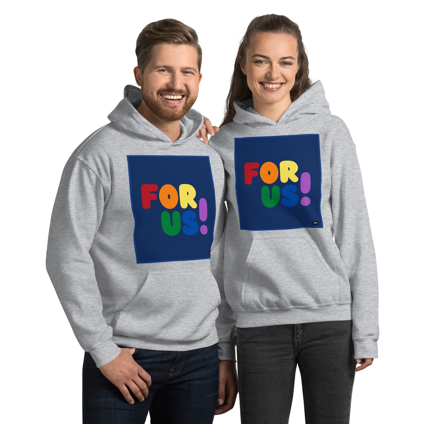 Man and Woman wearing the Rainbow For Us Unisex Hoodie in Sport Grey - The APWT Gift Shop