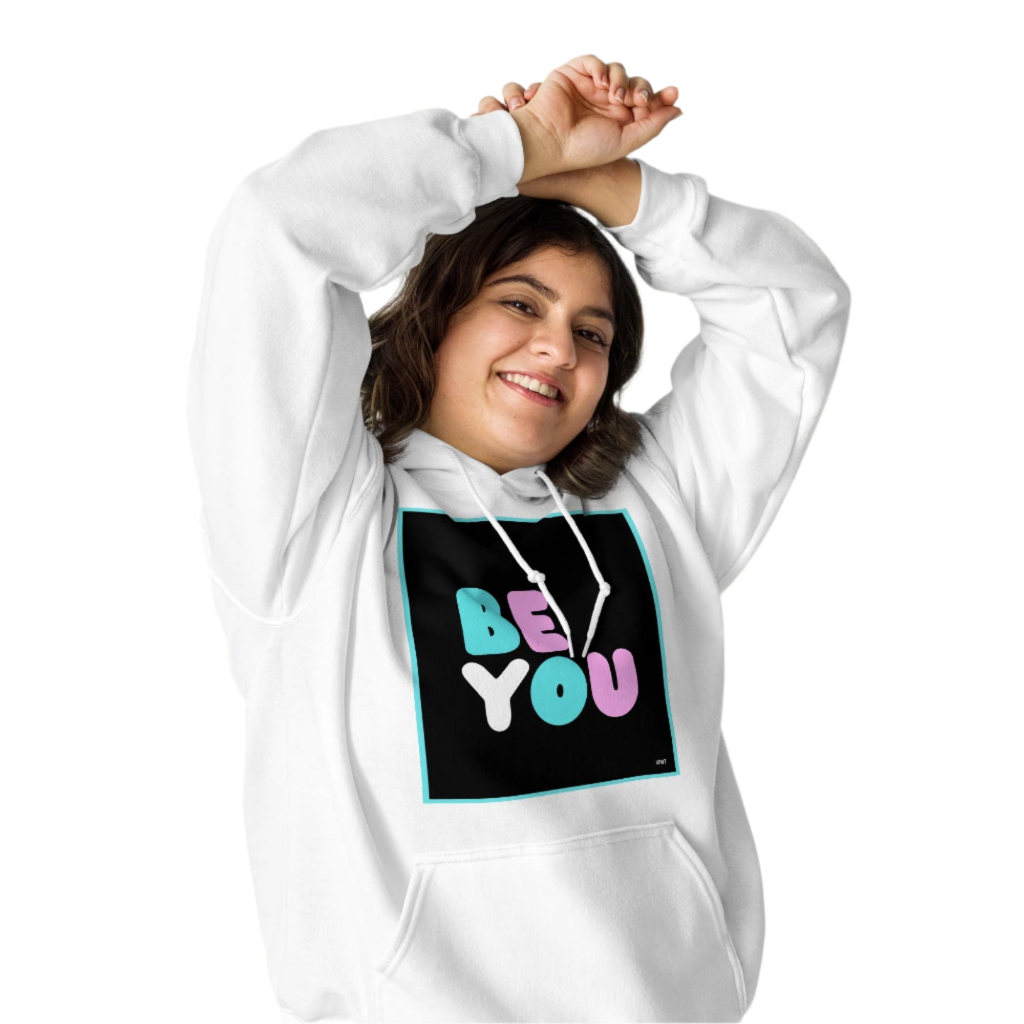 Woman wearing the Be You T Unisex Hoodie in White (1 of 2) - The APWT Gift Shop
