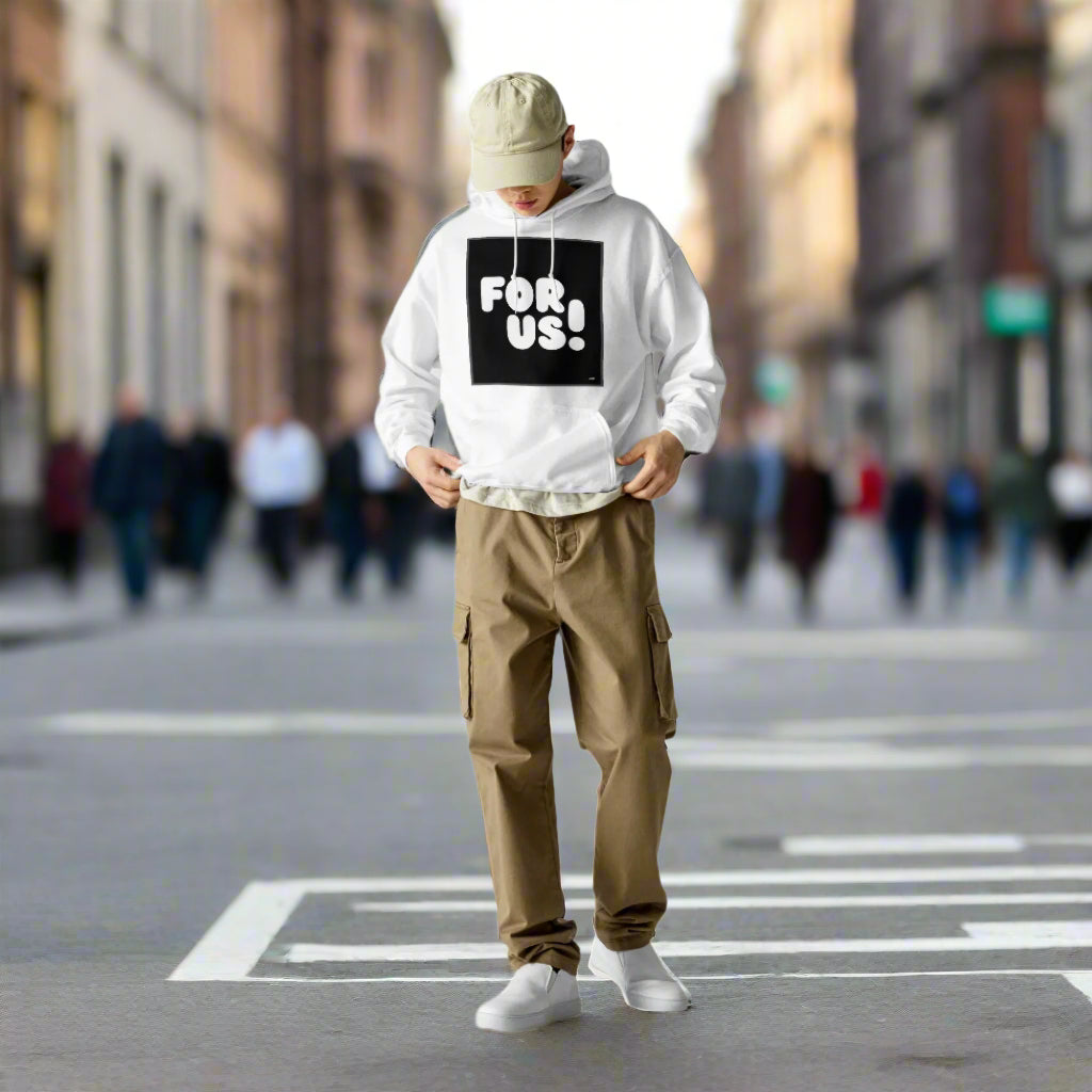 Man wearing the For Us in Black and White Unisex Hoodie in White - The APWT Gift Shop