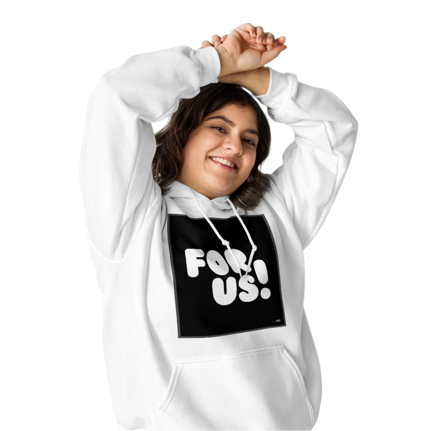 Woman wearing the For Us in Black and White Unisex Hoodie in White (2 of 2) - The APWT Gift Shop