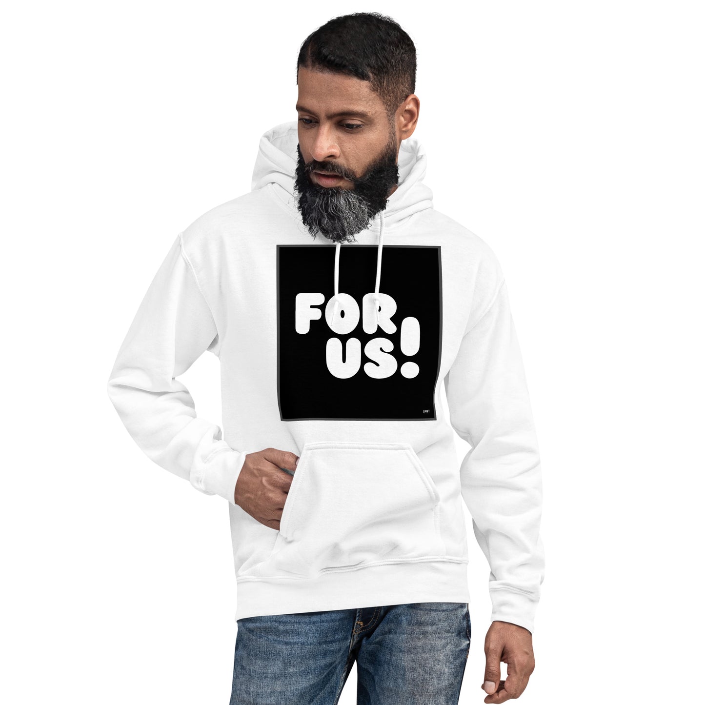 Man wearing the For Us in Black and White Unisex Hoodie in White (2 of 2) - The APWT Gift Shop