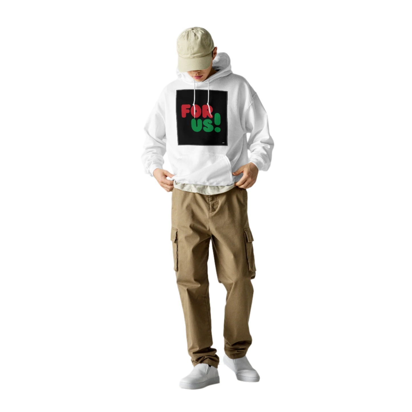 Man wearing the For Us in Black Unisex Hoodie in White - The APWT Gift Shop