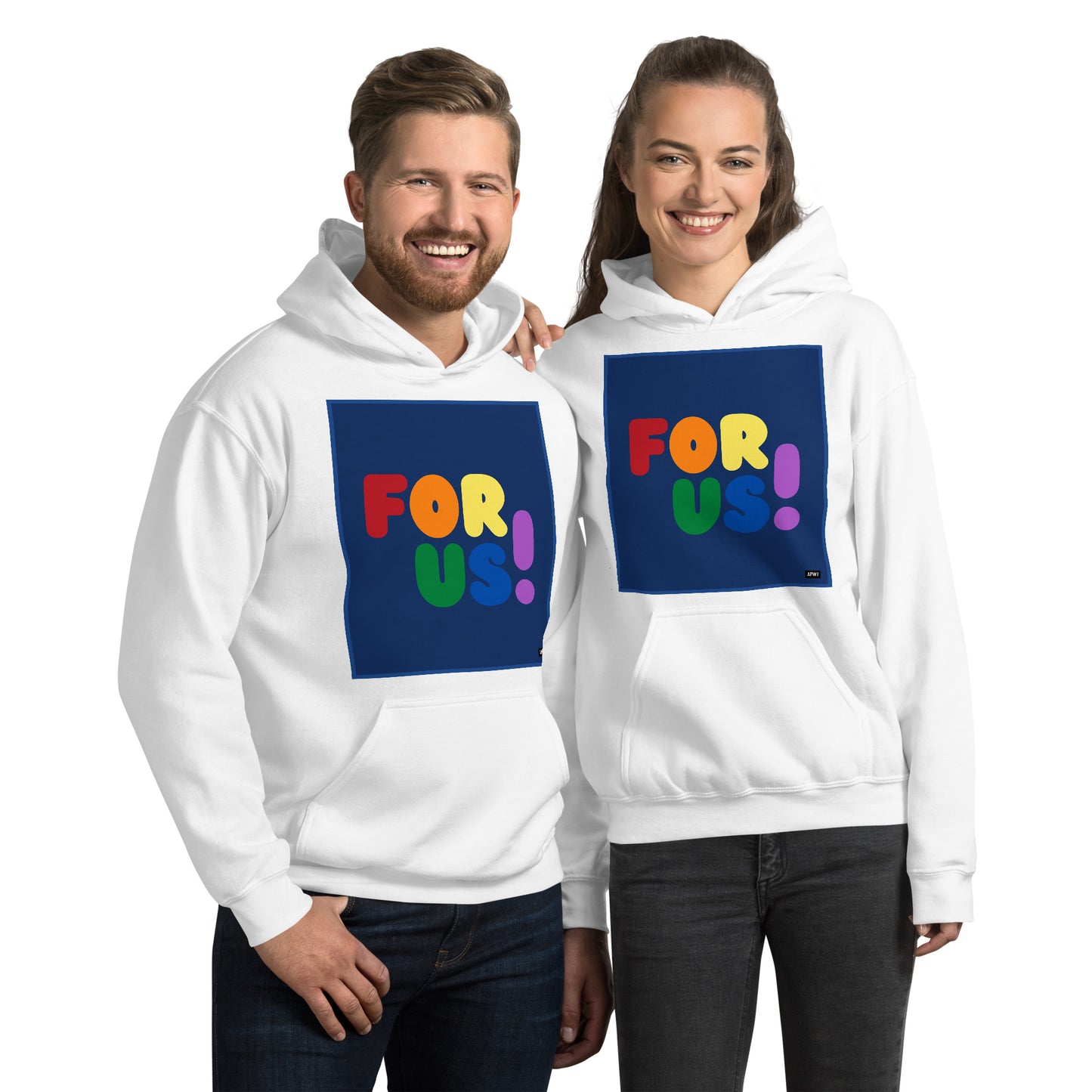 Man and Woman wearing the Rainbow For Us Unisex Hoodie in White - The APWT Gift Shop