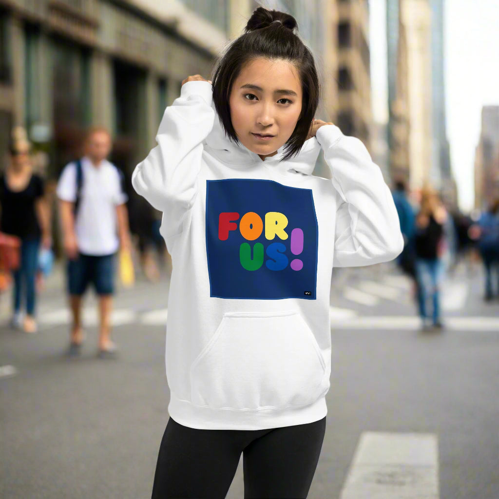 Woman wearing the Rainbow For Us Unisex Hoodie in White - The APWT Gift Shop