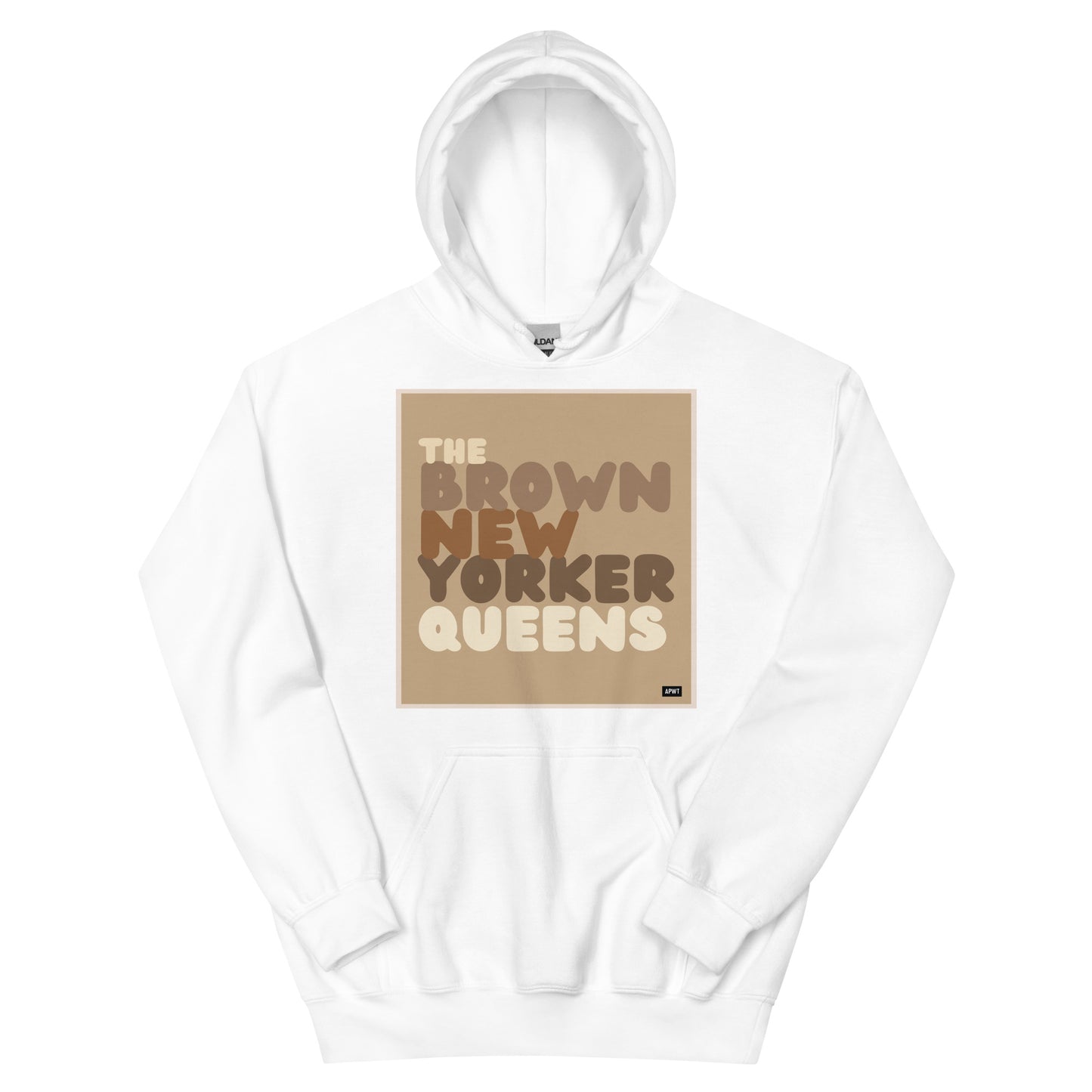 The Brown New Yorker Queens Unisex Hoodie in White - The APWT Gift Shop