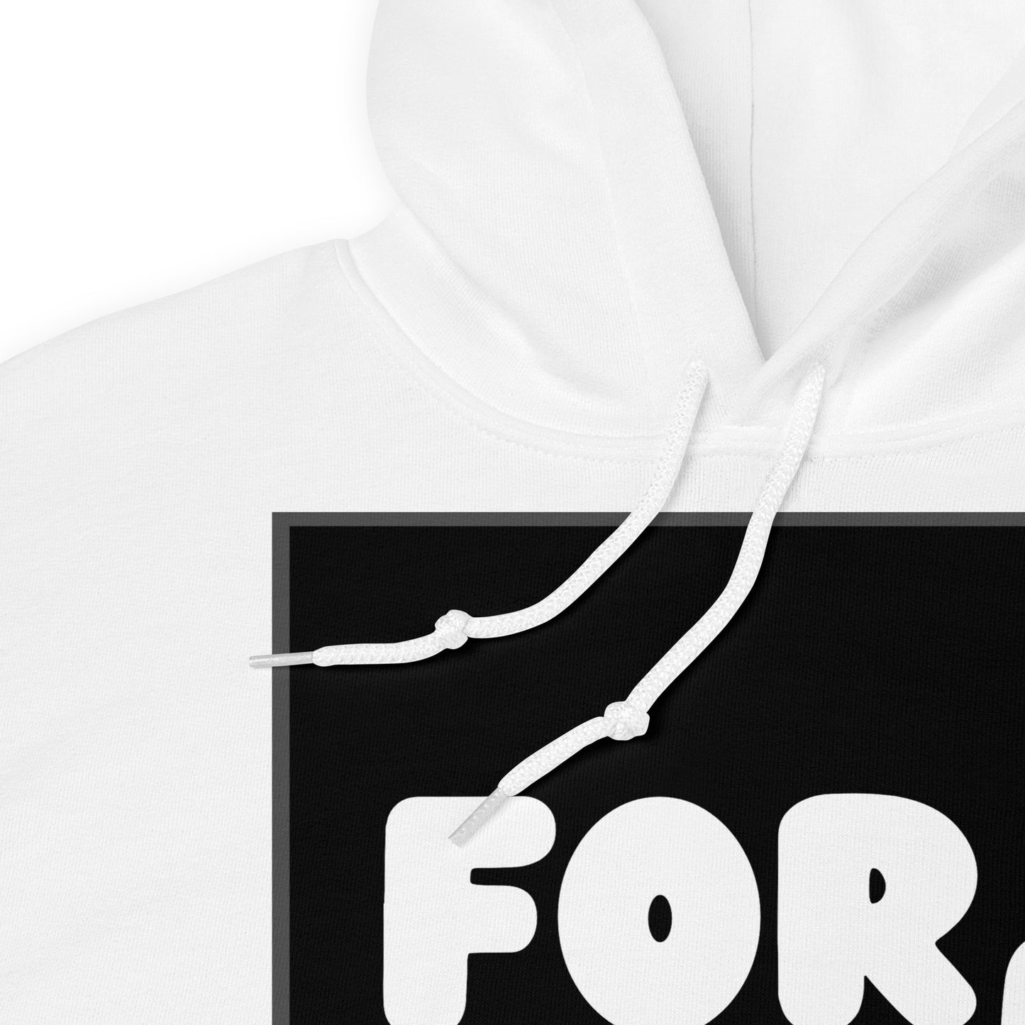 A close-up of The For Us in Black and White Unisex Hoodie in White - The APWT Gift Shop