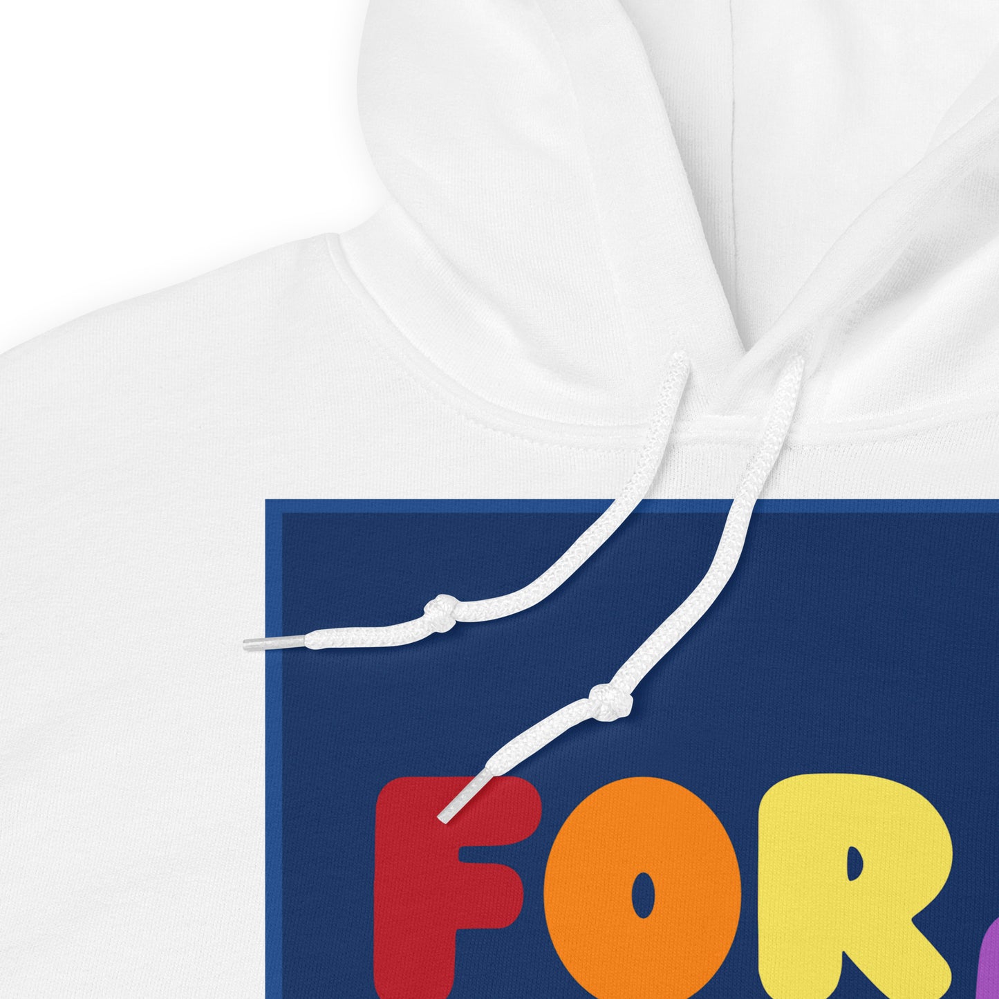 A close-up of the Rainbow For Us Unisex Hoodie in White - The APWT Gift Shop