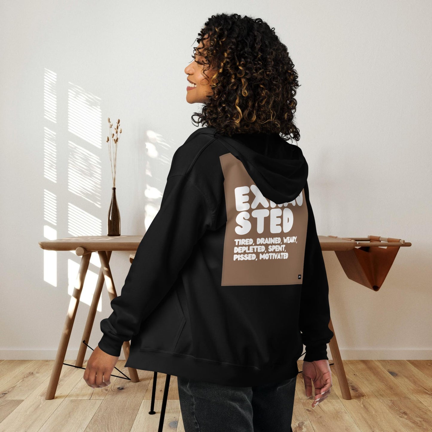 Exhausted in Brown and White Unisex Zip-Up Hoodie - Available in Assorted Colors