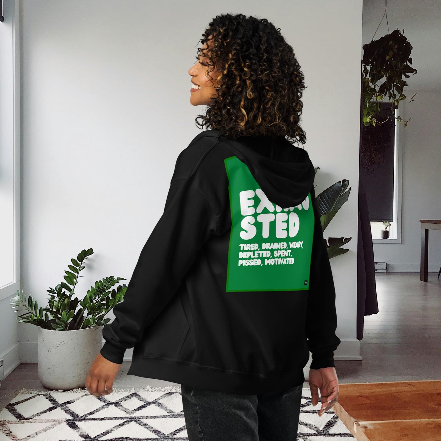 Exhausted in Green and White Unisex Zip-Up Hoodie - Available in Assorted Colors