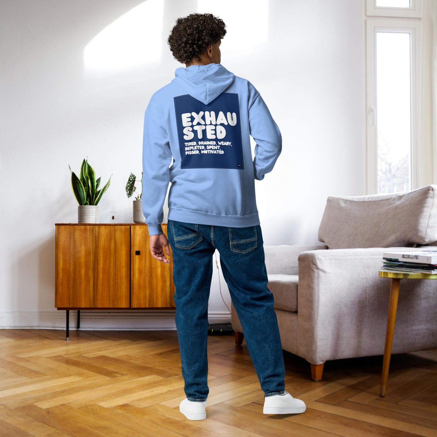Exhausted in Blue and White Unisex Zip-Up Hoodie - Available in Assorted Colors