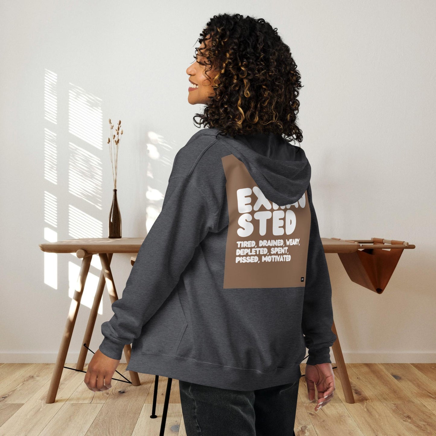 Exhausted in Brown and White Unisex Zip-Up Hoodie - Available in Assorted Colors