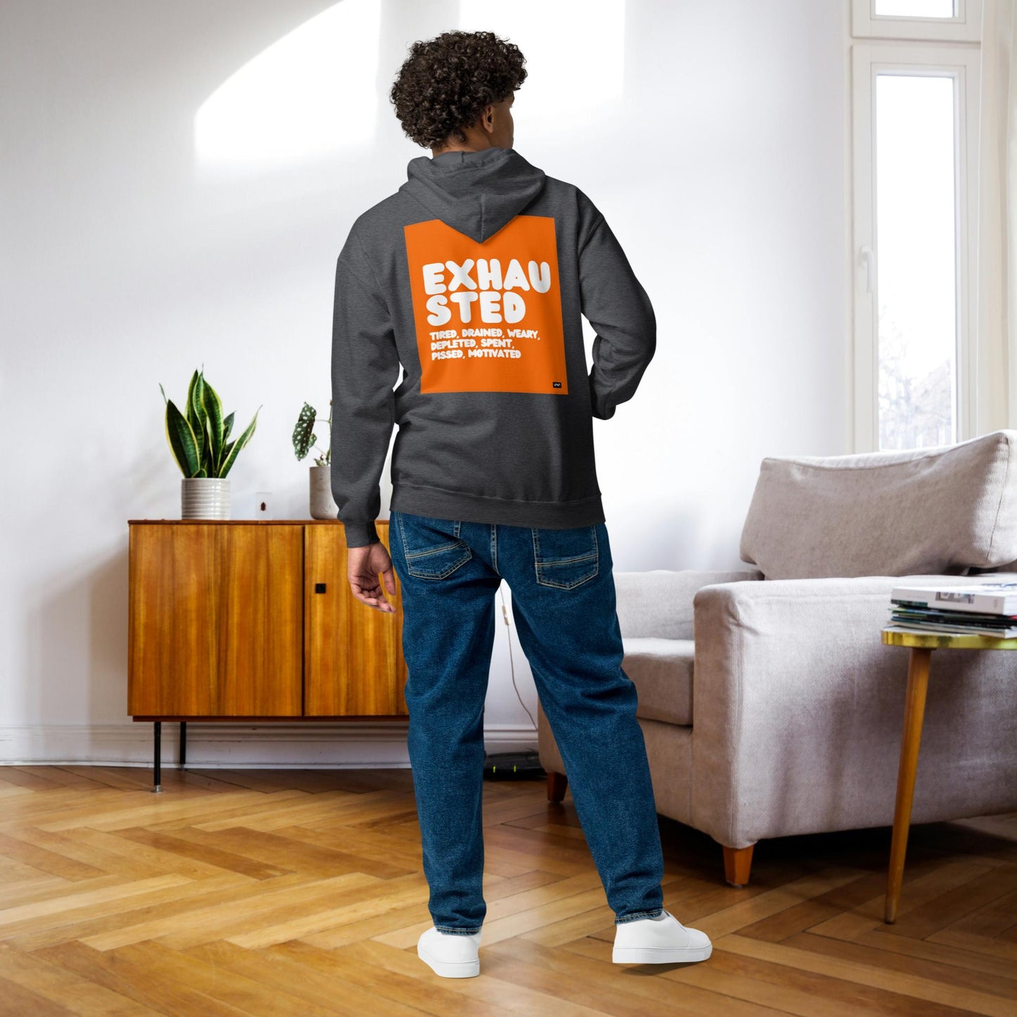 Exhausted in Orange and White Unisex Zip-Up Hoodie - Available in Assorted Colors
