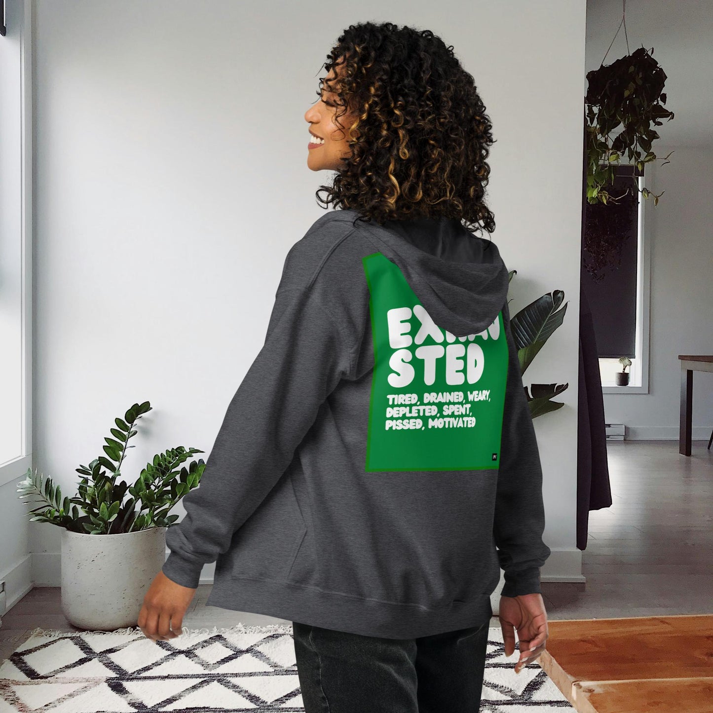 Exhausted in Green and White Unisex Zip-Up Hoodie - Available in Assorted Colors