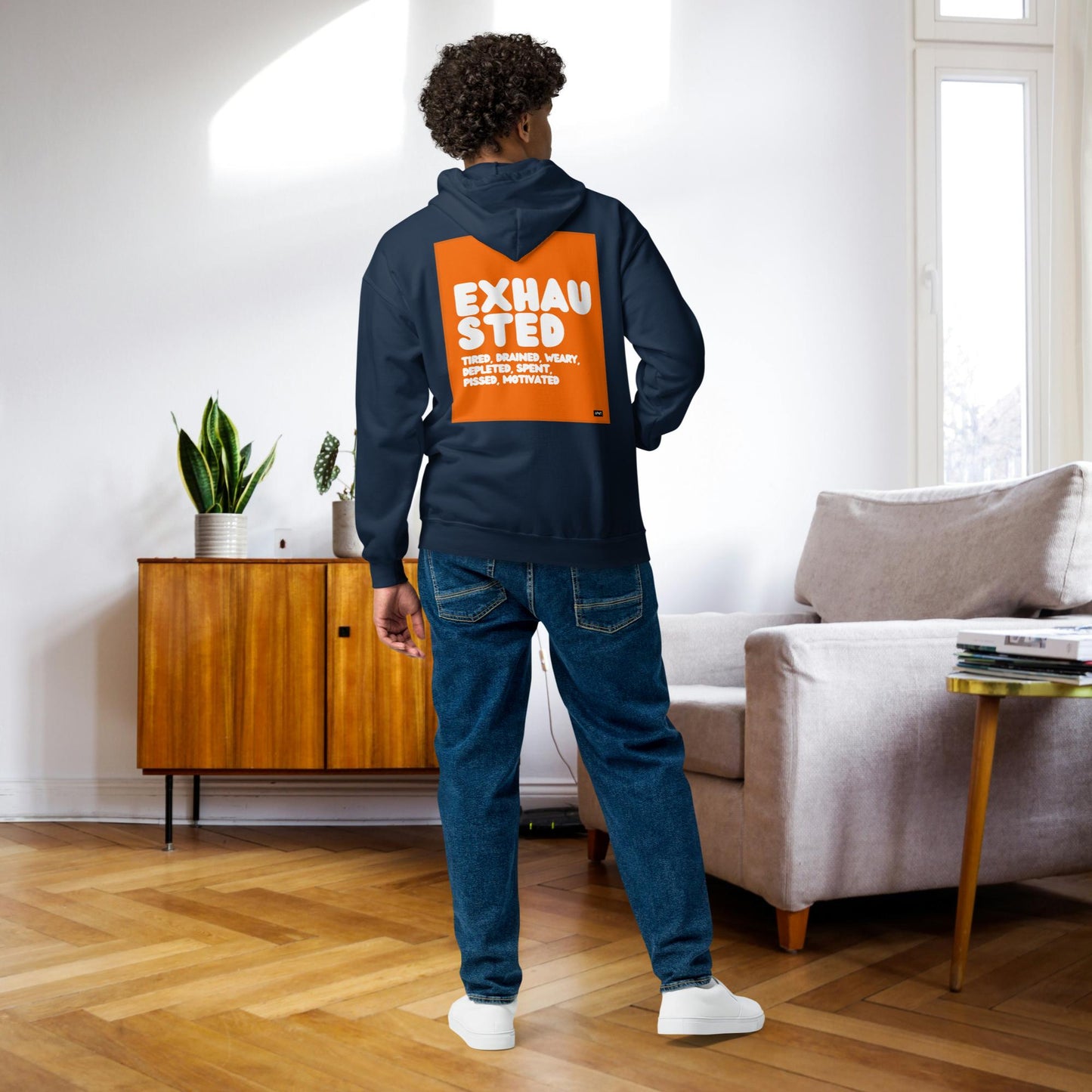 Exhausted in Orange and White Unisex Zip-Up Hoodie - Available in Assorted Colors