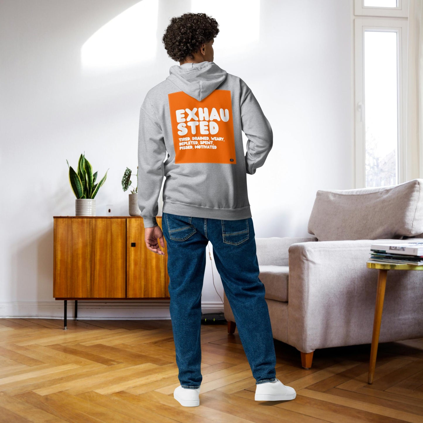 Exhausted in Orange and White Unisex Zip-Up Hoodie - Available in Assorted Colors