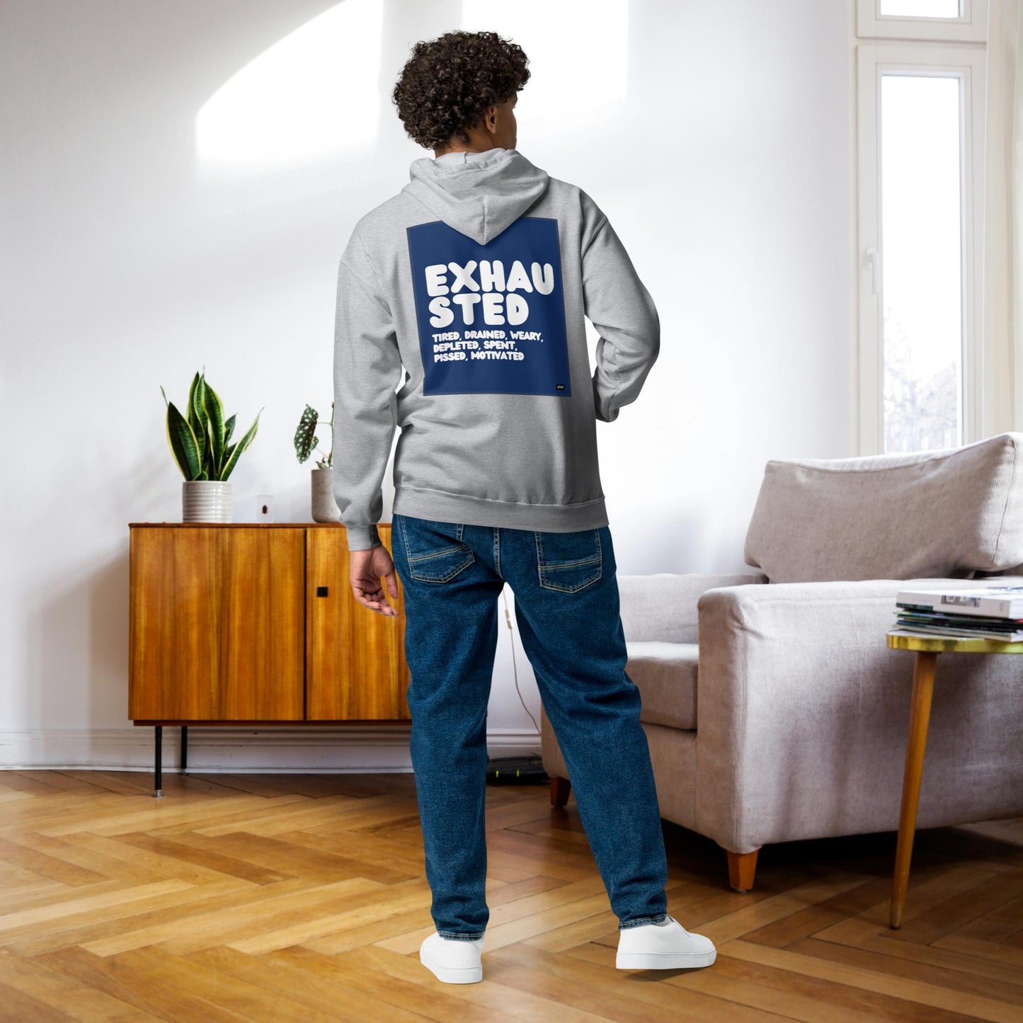 Exhausted in Blue and White Unisex Zip-Up Hoodie - Available in Assorted Colors