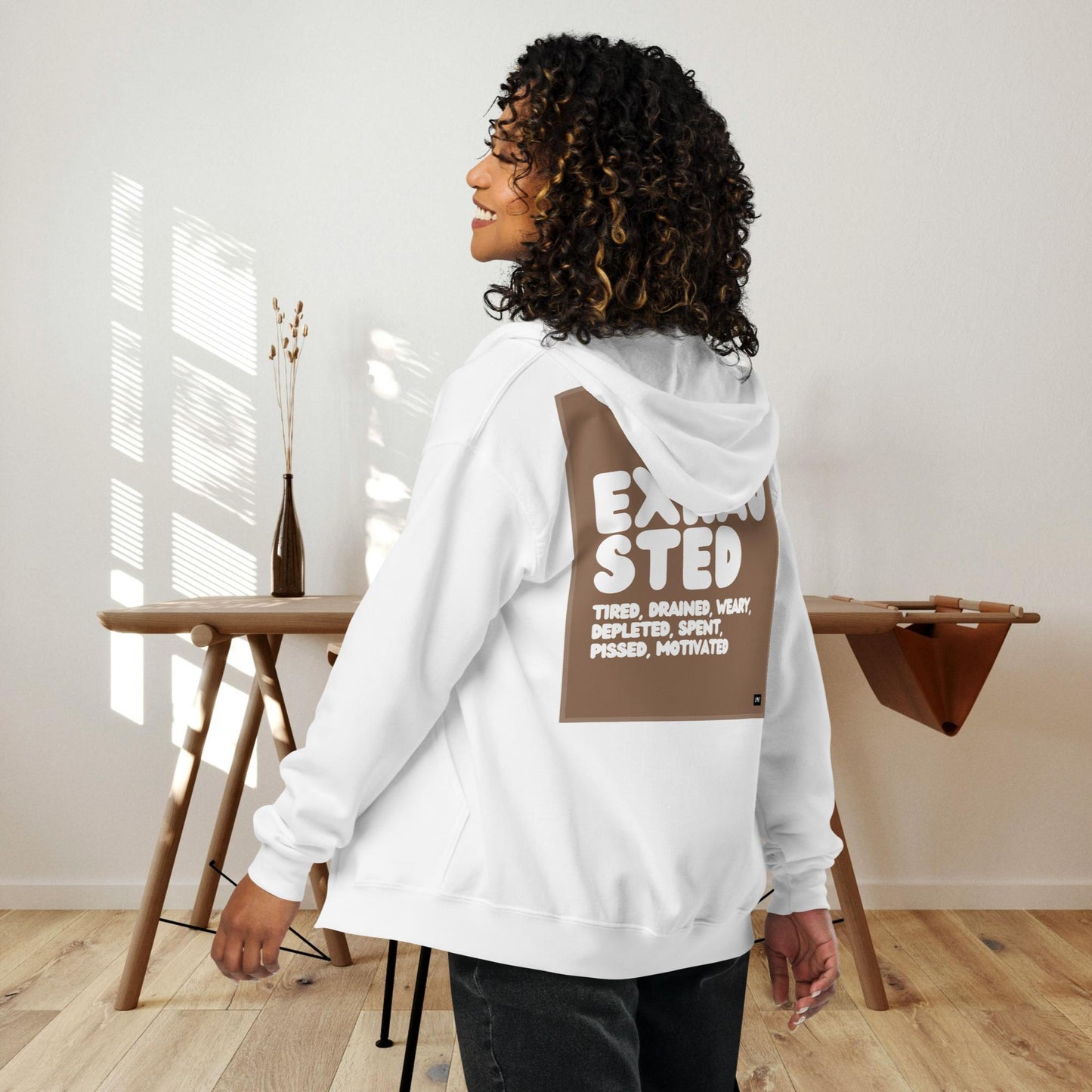 Exhausted in Brown and White Unisex Zip-Up Hoodie - Available in Assorted Colors