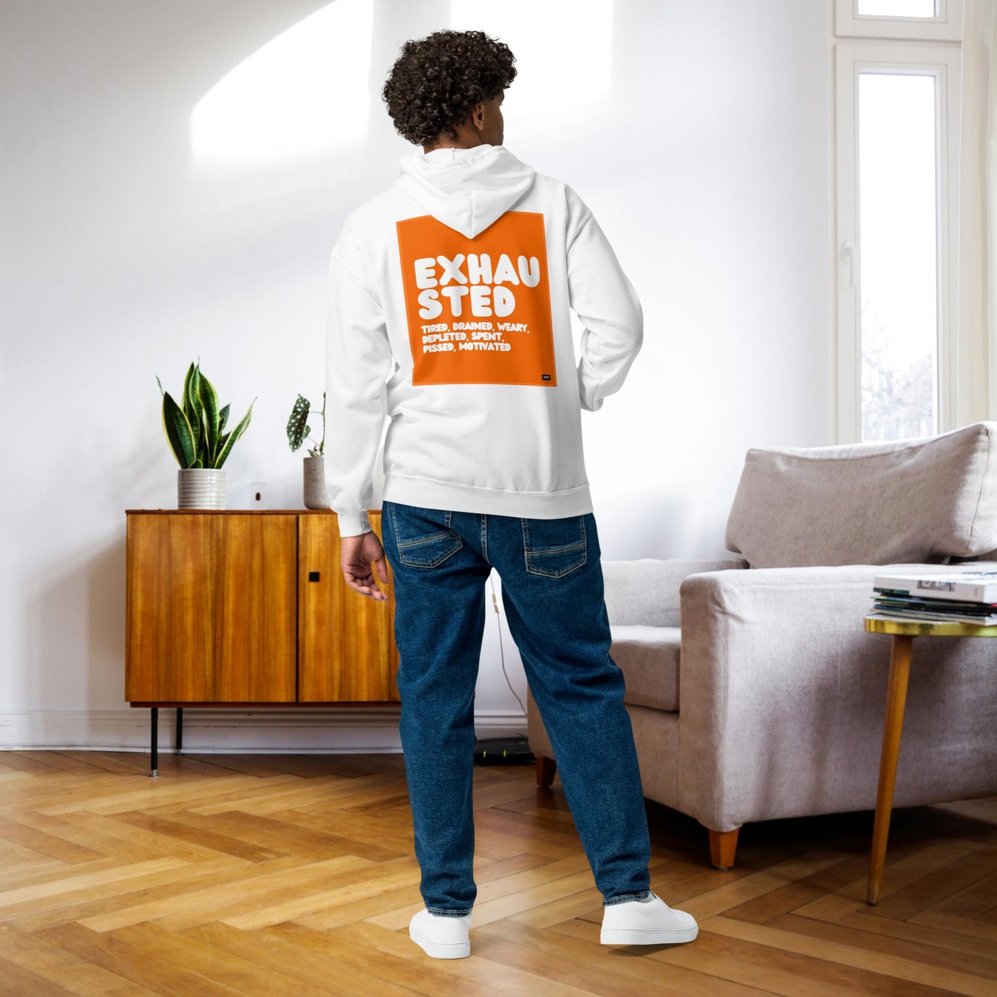 Exhausted in Orange and White Unisex Zip-Up Hoodie - Available in Assorted Colors